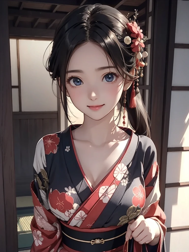  high definition、8k、Best Quality、 Details、 Semi-Realistic Animation、3d anime style sex 、 Smooth Anime CG 、 one girl playing pranks、 20-year-old Japanese woman 、slim、modeling、 Detailsな顔、Beautiful and  Details、 Hard Focus 、 film grain 、 soft lighting、 gentle smile、 beautiful eyes、Big Eyes、 unobtrusive teardrop bag 、slim、Big Breasts、No.、 Beautiful fingers 、 shiny hair、Dark black hair、Deep black eyes、Looks happy、 cowboy shot、 traditional Japanese kimono、High-end kimono、