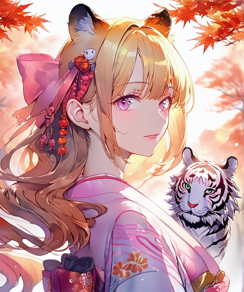 (8k, Best Quality, masterpiece:1.2),(Best Quality:1.0), ( ultra high resolution:1.0), watercolor, Beautiful woman,  Shoulder ,  hair bow, Agnes Cecil,   half body portrait wearing a tiger mask , Extremely bright shiny design ,  pastel color , (ink:1.3), autumn lights,