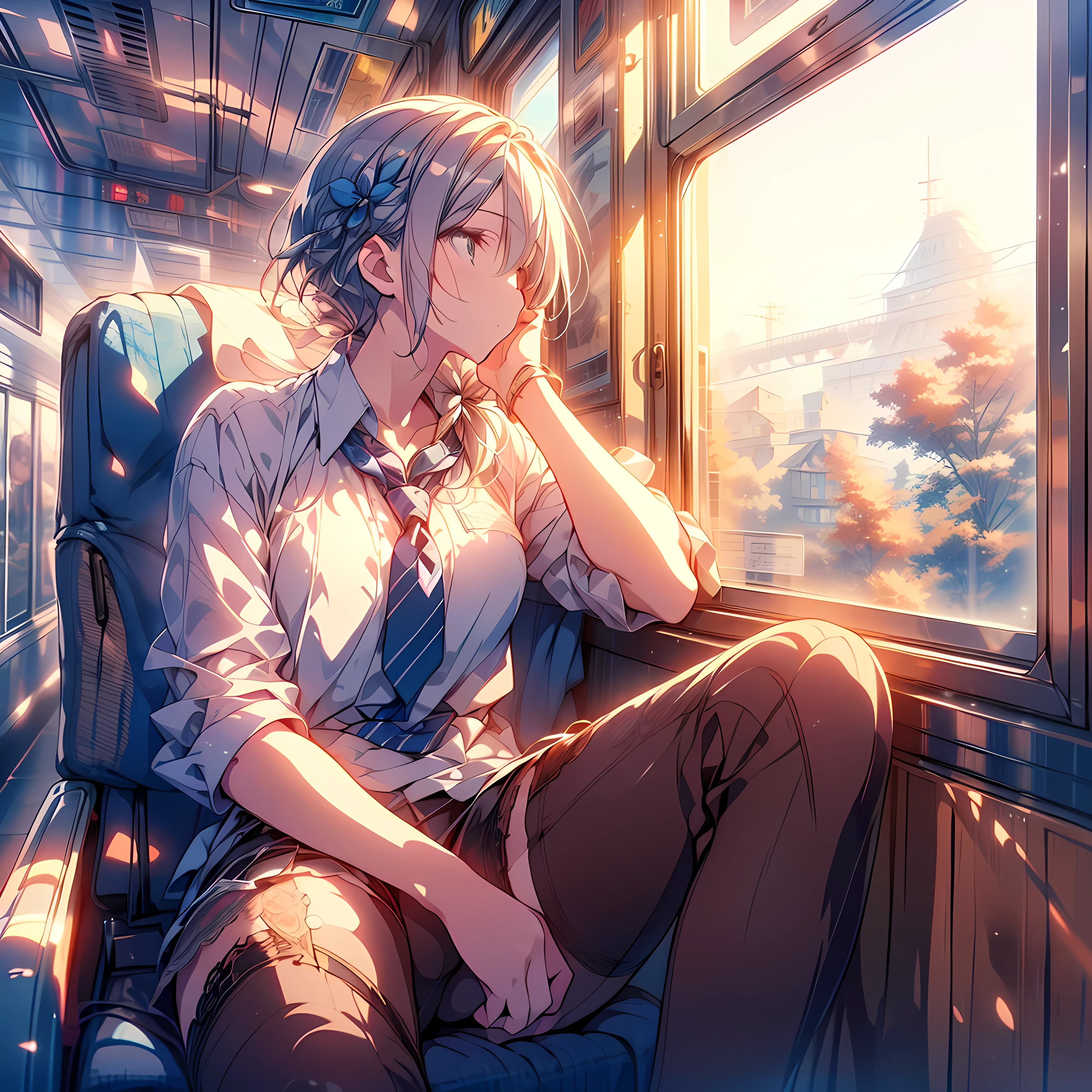 He is sitting by the window of a train, resting his elbow on the window frame and looking out the window. Very detailed anime illustration. octane render. A window with a faint reflection. masterpiece, best quality, extremely detailed CG unity 8k wallpaper,