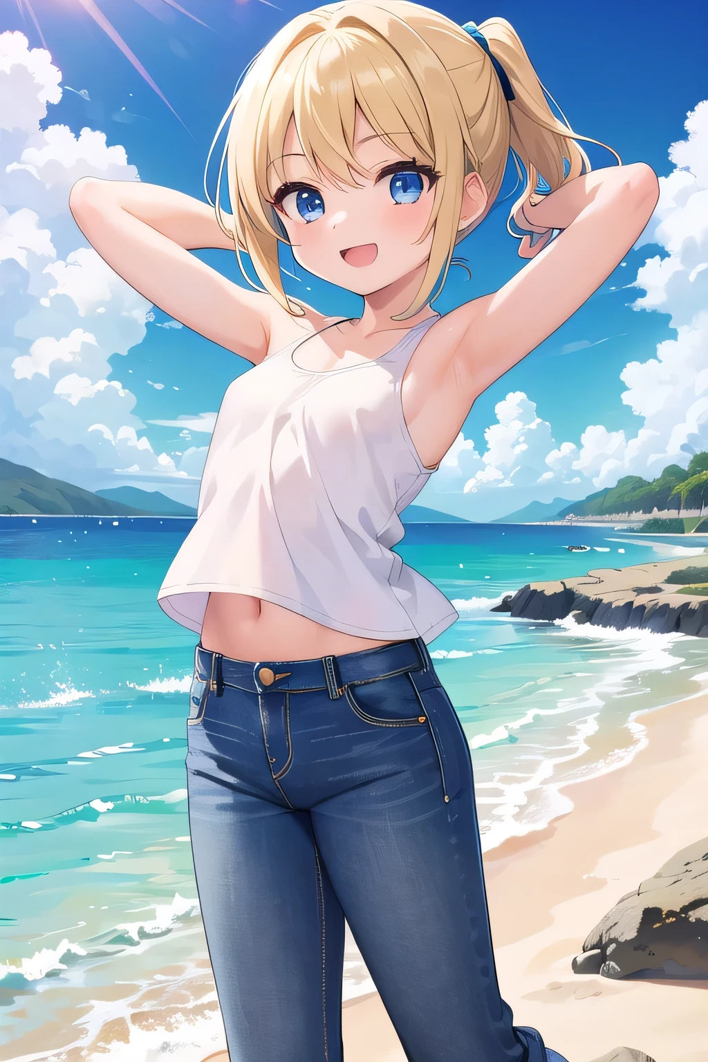 masterpiece,best quality,ultra detail,1girl, ****,petite,smile happy, Peaceful atmosphere, (Sandy Beach),sunshine,cloud, short ponytail hair, blue eyes, yellow hair, hair ornament, x hair ornament,Raise your arms and behind your head,Open mouth, white tank tops, half undressed, jeans,