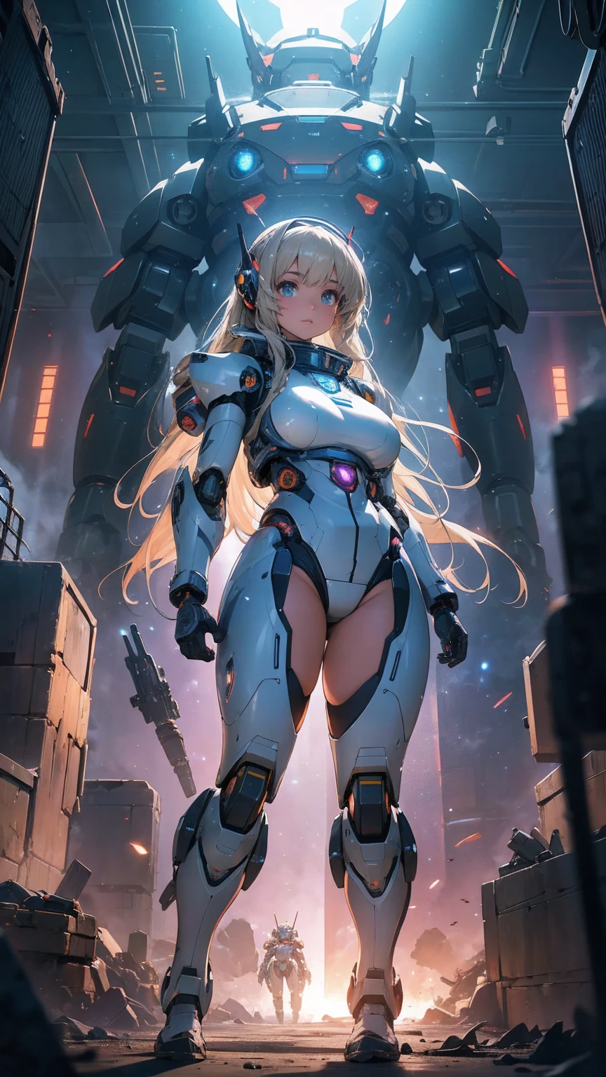 1girl, highly detailed anime style girl in futuristic space suit with large breasts and exposed thighs, piloting a heavily armed and detailed mecha robot, mecha robot standing on a war-torn battlefield with destroyed machinery, cinematic lighting, ultra-detailed, 8k, photorealistic, professional, hyper-detailed, dramatic, intense, vibrant colors