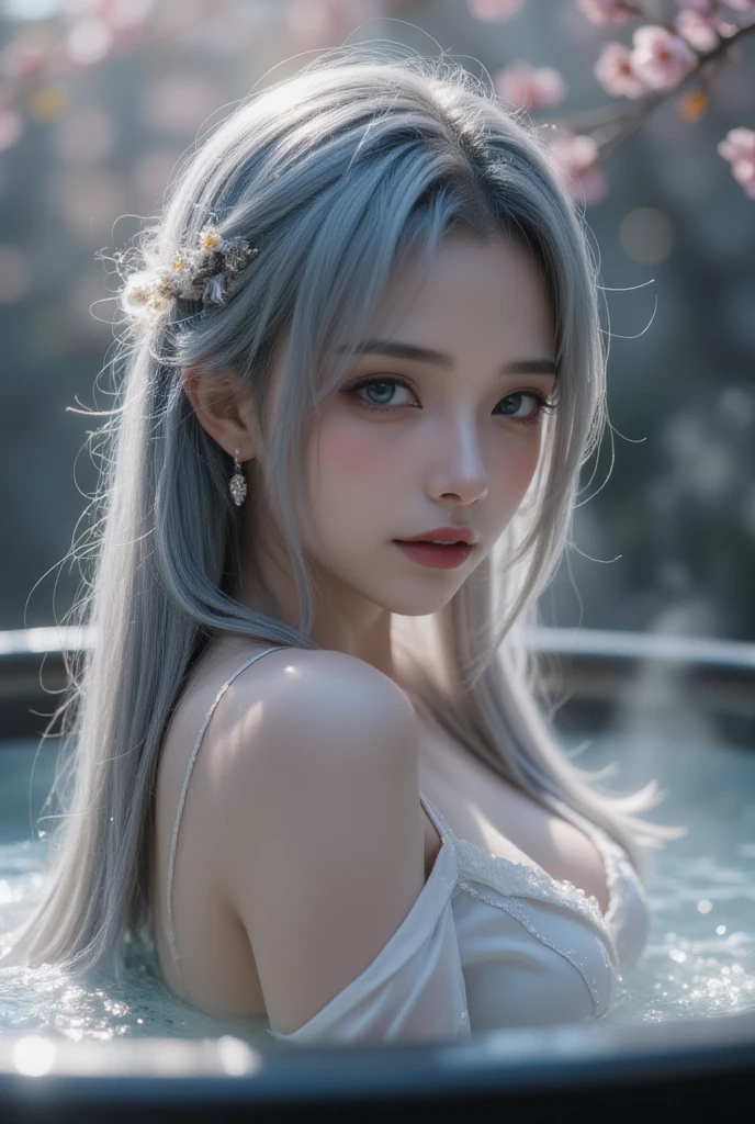 15 years old、woman、whole body、Evil Face, Red eyes, Iris,Silver Hair、grassland、White yukata、hortcuts、whole body、Shoulders stick out、tiara、Small breasts、Earrings、necklace