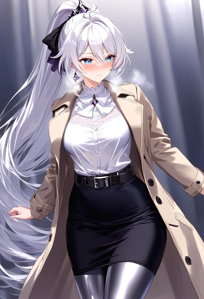 (masterpiece:1.2), (best quality:1.2), (very aesthetic:1.2), (absurdres:1.2), (detailed background), (detailed face:1.1), best quality, beautiful detailed eyes,1girl, adult grown woman, looking ahead, kiana kaslana \(honkai impact 3rd\), herrscher of finality, white hair, ahoge, ponytail, very long hair, blue eyes, symbol-shaped pupils, medium breast, shiny skin, blush, closed mouth, heavy breathing, (elegant business attire:1.4), (light trench coat:1.5), (form-fitting black skirt:1.4), (white blouse:1.6), (belt with metallic:1.5), (subtle jewelry:1.2), pantyhose