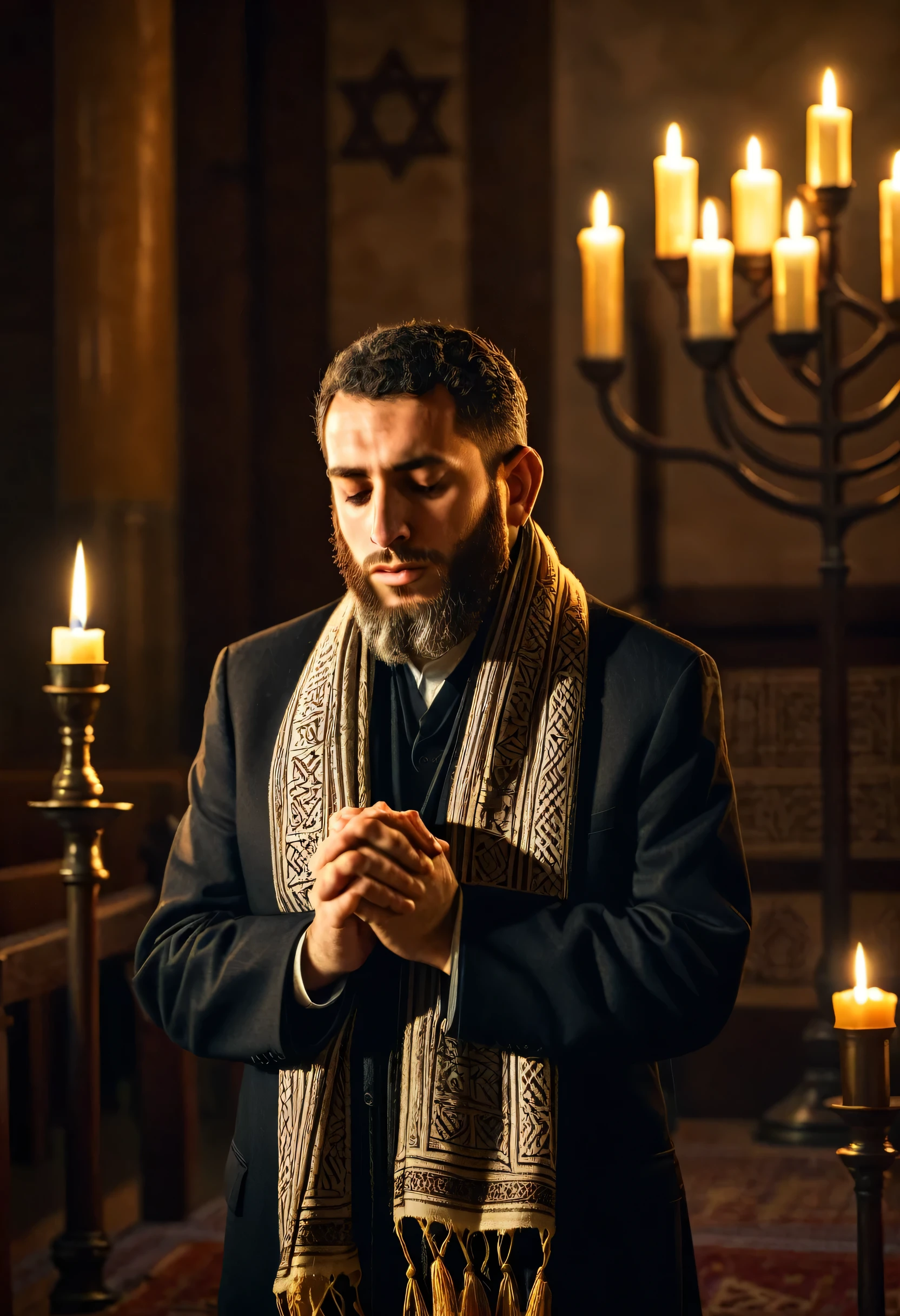 A Jewish man prays , traditional Jewish prayer scarf,  inside a synagogue , Candles, Detailed religious artifacts ,  high quality, Realistic,   dramatic lighting  ,  warm tones 