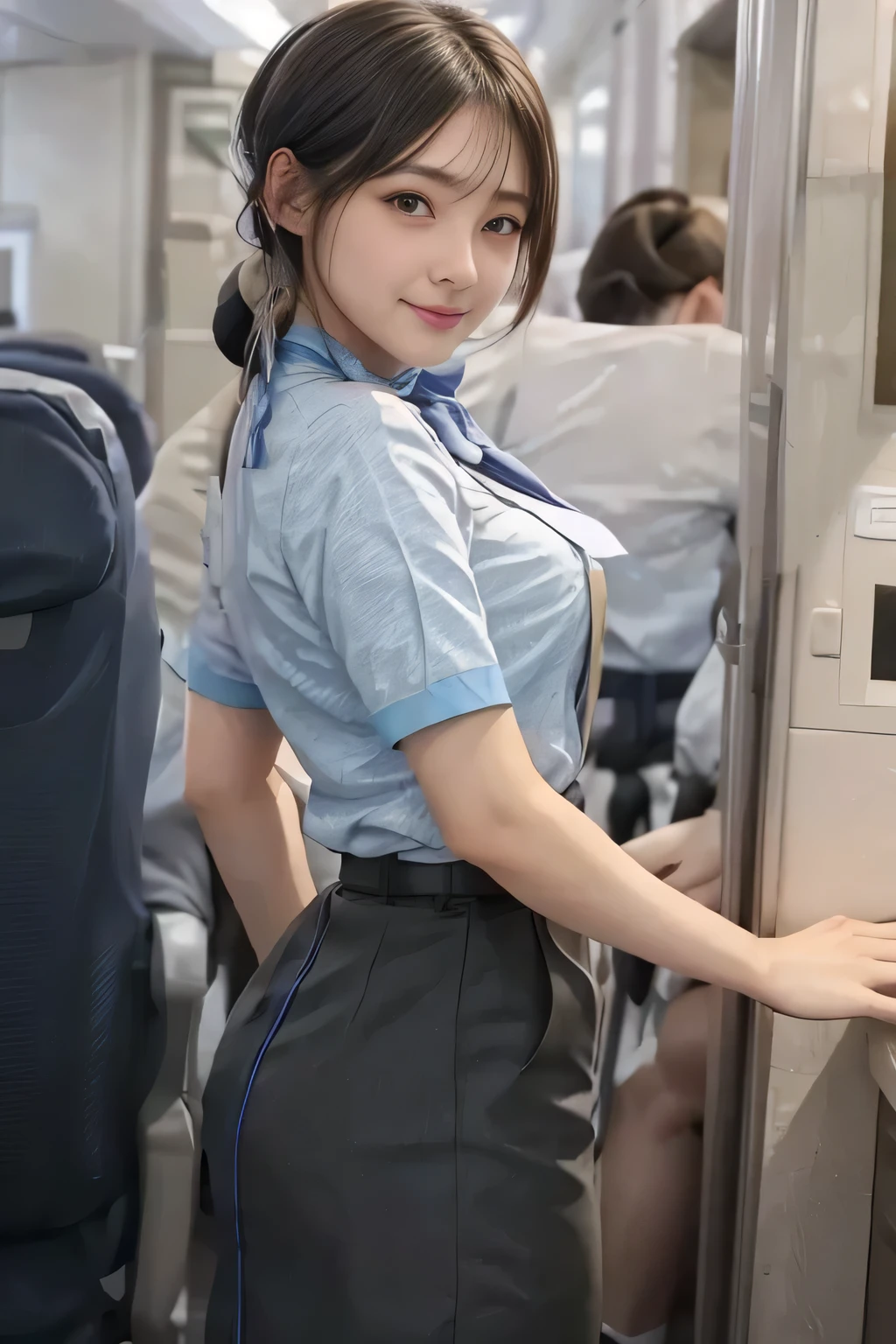 (masterpiece:1.2, Best Quality:1.2), 32kHDR,  high definition, (Alone、 1 girl)、（Rooftop of a building during the day、 PROFESSIONAL LIGHTING）、With the roof of the building in the background 、（ANA flight attendant uniform blueを着たリアルスタイル）、（（ANA flight attendant uniform blue blue short sleeve blouse  、 ANA FLIGHT ATTACENT UNIFORM BLUE SKIRT WITH A BLUE LINE IN THE BACK、 scarf around the neck ））、 Dark brown hair 、（Long Hair、Hair tied up、Hair tied up）、 Dark brown hair 、Long Hit、Big Breasts、Thin legs、（（Great hands：2.0）），（（ Harmonious Body Proportions ：1.5）），（（Normal limbs：2.0）），（（Usually refers to：2.0）），（（ Delicate Eyes：2.0）），（（Normal eyes：2.0））)、smile、（ANA flight attendant uniform blueを見せた美しい後ろ姿）、Hands clasped underneath