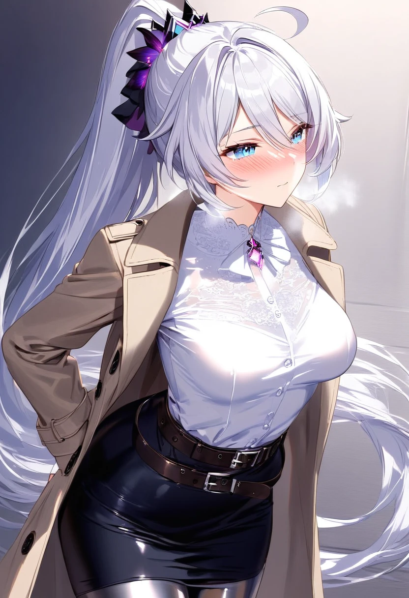 (masterpiece:1.2), (best quality:1.2), (very aesthetic:1.2), (absurdres:1.2), (detailed background), (detailed face:1.1), best quality, beautiful detailed eyes,1girl, adult grown woman, looking ahead, kiana kaslana \(honkai impact 3rd\), herrscher of finality, white hair, ahoge, ponytail, very long hair, blue eyes, symbol-shaped pupils, medium breast, shiny skin, blush, closed mouth, heavy breathing, (elegant business attire:1.4), (light trench coat:1.5), (form-fitting black skirt:1.4), (white blouse:1.6), (belt with metallic:1.5), (subtle jewelry:1.2), pantyhose