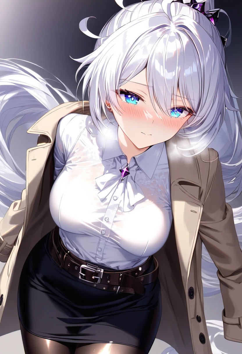 (masterpiece:1.2), (best quality:1.2), (very aesthetic:1.2), (absurdres:1.2), (detailed background), (detailed face:1.1), best quality, beautiful detailed eyes,1girl, adult grown woman, looking ahead, kiana kaslana \(honkai impact 3rd\), herrscher of finality, white hair, ahoge, ponytail, very long hair, blue eyes, symbol-shaped pupils, medium breast, shiny skin, blush, closed mouth, heavy breathing, (elegant business attire:1.4), (light trench coat:1.5), (form-fitting black skirt:1.4), (white blouse:1.6), (belt with metallic:1.5), (subtle jewelry:1.2), pantyhose