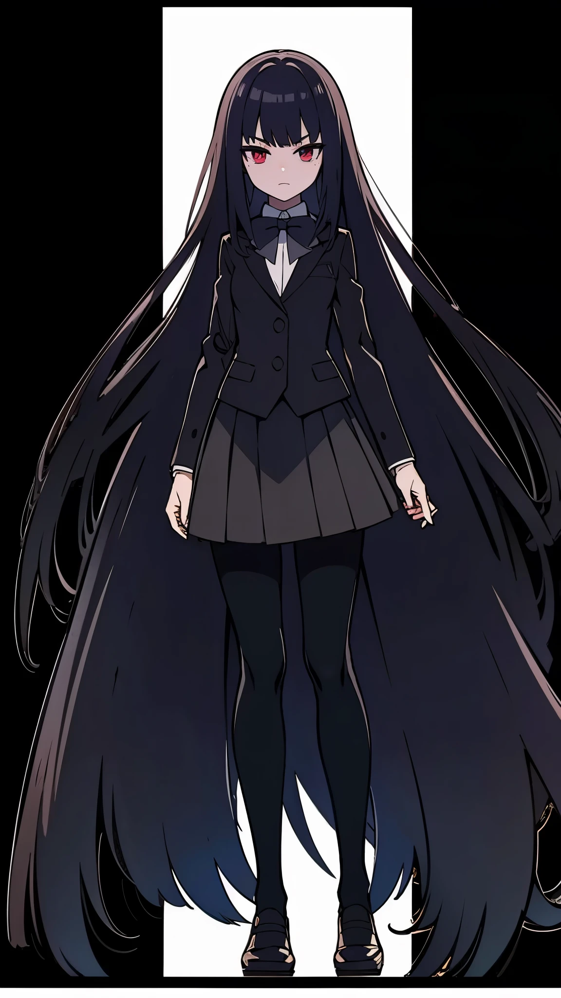  1gial, ultra high res, Best quality, ultra detailed, full body shot, ideal ratio body proportions, small head1:2, clear detailed face, high nose(1:2), large mouth, red eyes, a strong male character with broad shoulders standing, wearing a black blazer, school uniform, straight long hair, thin legs, pantyhose (black), dark brown bowtie, anime style, intricate details, sharpen, 8k, masterpiece, intense gaze, dark eyelashes, slightly hanging eyes, black skirt, a detailed intricate painting of a dark night landscape