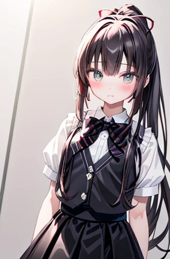 masterpiece,  best quality,  high definition,  1 Kirasaka Shoujo Sayaka High Ponytail Hairband, Striped Bowtie Vest 、 white shirt 、Short sleeve、 black skirt、Black thighs、feet,  Dramenic Lighting , big chest、 black hair long hair that made me blush、