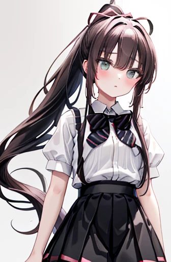 masterpiece,  best quality,  high definition,  1 Kirasaka Shoujo Sayaka High Ponytail Hairband, Striped Bowtie Vest 、 white shirt 、Short sleeve、 black skirt、Black thighs、feet,  Dramenic Lighting , big chest、 black hair long hair that made me blush、