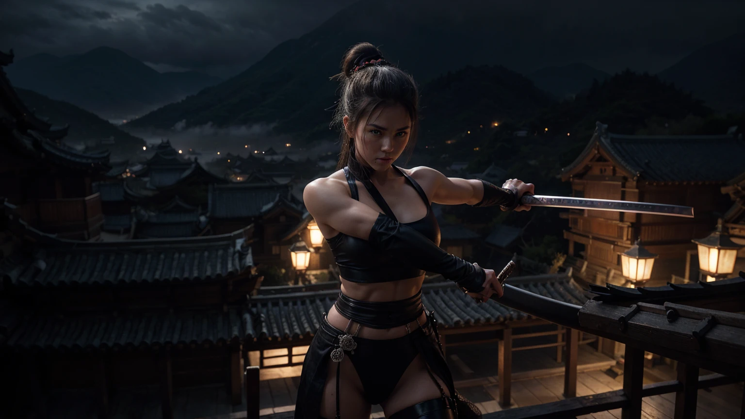 a highly muscular female Samurai with 1 katana, the upper coltes are made of net. transparent thorso, double hairbuns, detailed abs and muscles, dark outfit, serious expression, glowing katana blade, dynamic action pose, on a chinese ancient roof, in a misty olde chines village at night dark moody lighting, cinematic angle, hyperrealistic, digital art, illustration