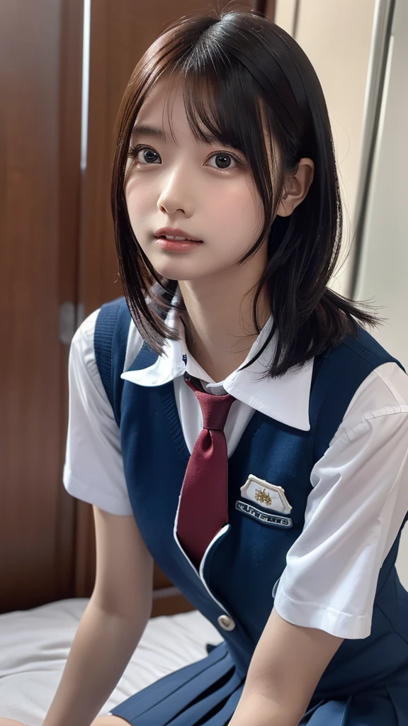 ((masterpiece, Best Quality,  high definition,  Ultra High Definition)),  Japanese High School Girls、(Realistic:1.4)、Excited、Great face、Pointed Mouth、 close your mouth、 wet lips、Age 15,  short bob、(Beautiful Hair:1.5),  high school uniform 、(Navy blue vest)、( red tie )、( White Dress Shirt 、Short sleeve)、( very short mini pleated skirt)、Sitting on a hotel bed、Stare,  frontal angle,  textured skin,  high definition CG synthesis 8K wallpaper,  high definitionのRAWカラー写真,  professional photoshoot, Light, BackLight, Impressive,  written boundary depth, ( face:1.5)