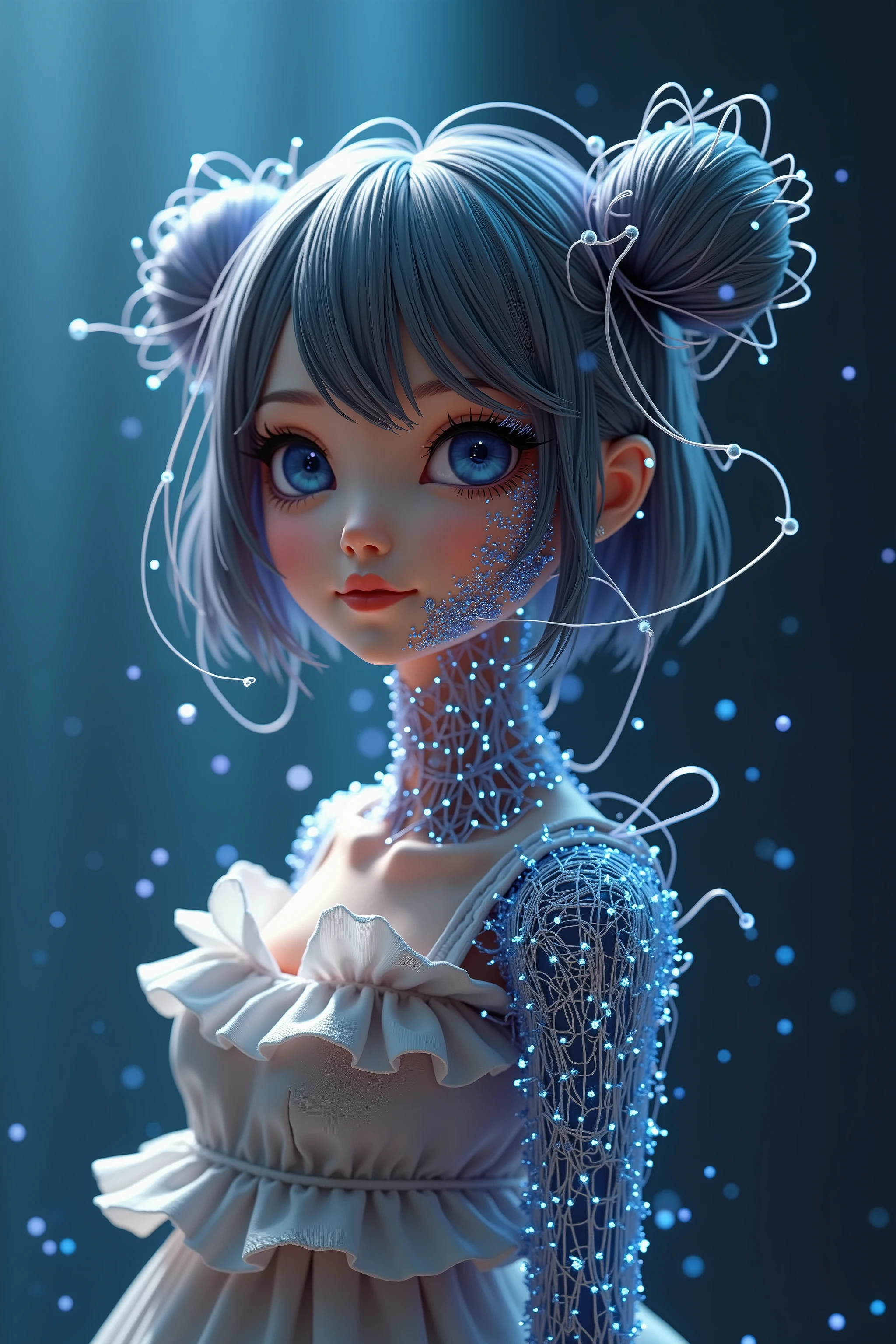 ,split:1.5,(The right half of the body is made in a programming language,It is made of electronic wires):2.0,( the right half of the body is made of a wire frame {x} the left half is materialized and wearing a frilly dress), cute idol with a smile wearing electric particles, microphone made of electron particles