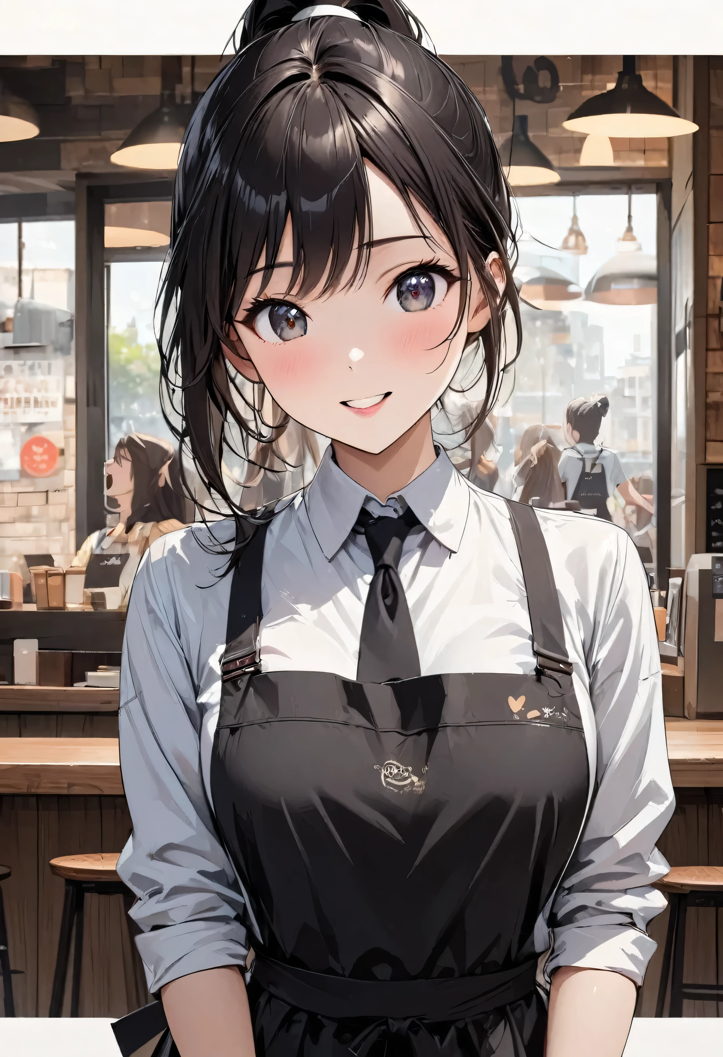 Beautiful girl 、Age 30、Best Quality、Ultra-precision、Detailed drawing、Cafe staff、shirt、tie、apron、Sharpness、 ponytail、Vivid colors、upright posture、front、 looking at the camera、A very ecstatic expression、Slender figure、Accurate depiction、 CG illustration、
