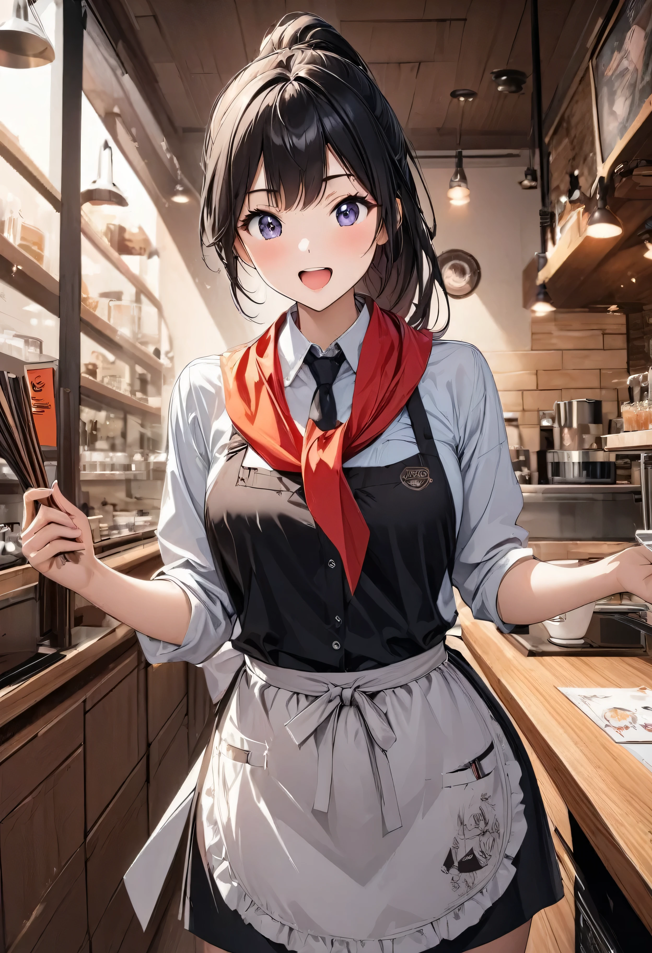 Beautiful girl 、Age 30、Best Quality、Ultra-precision、Detailed drawing、Cafe staff、shirt、tie、apron、Triangle scarf、Sharpness、 ponytail、Vivid colors、upright posture、front、 looking at the camera、A very ecstatic expression、Slender figure、Accurate depiction、 CG illustration、