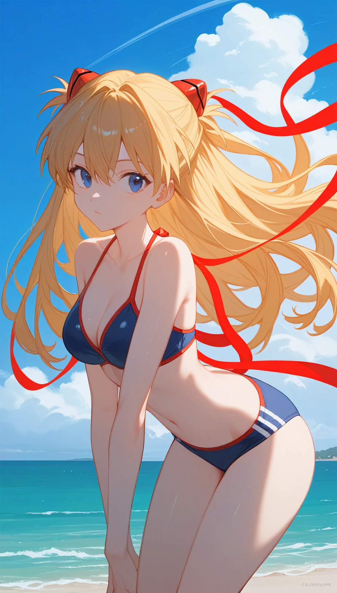 Fraction_9,Fraction_8_up,Fraction_7_up,NCAAOO33,1 Girl, pale, unique, School_,  red_ribbon, White_background,  1 girl at home,  Blonde Hair , ( best quality,  masterpiece , Perfect face),  Large bust, swimsuit, Unique, neon_{{{{}}}}_neon {{{{}}}}  Evangelion , {{Asuka}}_{{{{langley}}}},简单background,Beach, bangs, is watching viewers,leg,Shiny,弓tie,蓝色background,hair 弓,