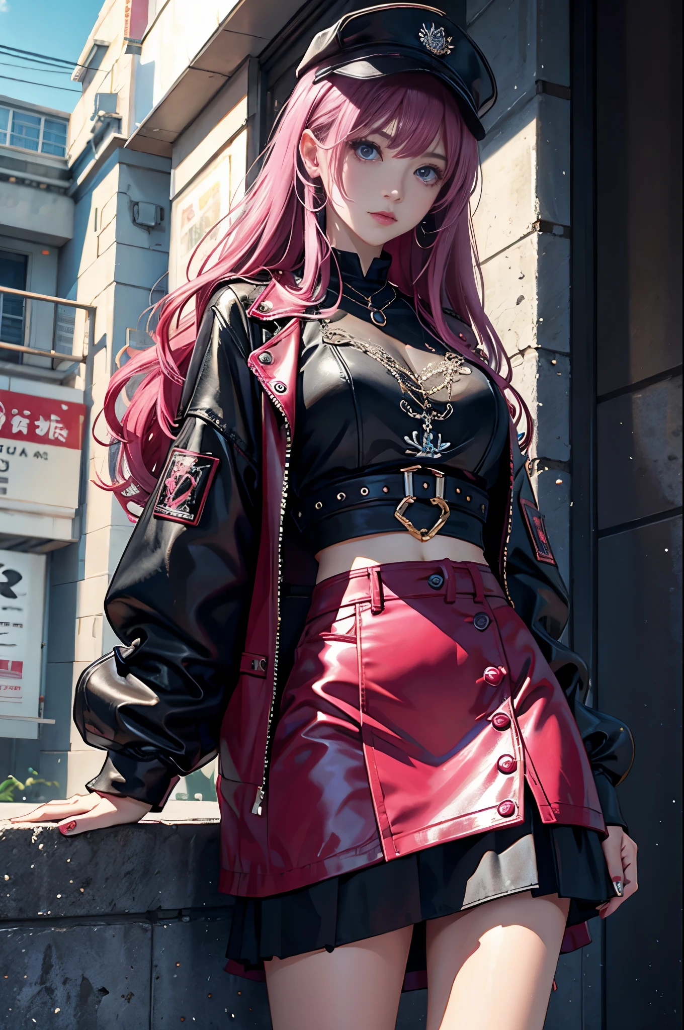 magenta tint、Bright colors、((masterpiece)))、(((top quality)))、((Super detailed))、(surreal)、(Very detailed CG illustrations)、official art、CD cover、This will be、midsummer、fashionable、The glorious 1980s、cruel beauty、cochetti gorgeous、gorgeous、Colorful hair、rock music、leather jacket、miniskirt、women only、perfect angle、Perfect composition、