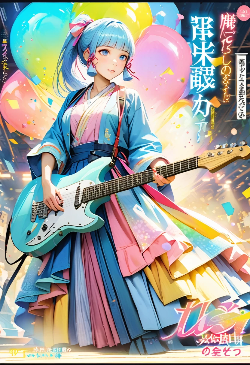 magazine cover， masterpiece ), ( best quality), (  super detailed ),(Realistic：1.37), ( idol playing electric guitar on stage), (Face painting:0.8),solitary,3d,whole body,Green sci-fi style Hanfu ,eternal,  watching the audience , (Stage Background), Beautiful Blue Eyes ,  Beautiful face , floating,(high saturation),(Colorful splash), colorful bubbles,(shining),   ponytail, Kamisato Ayaka, Light blue hair,  bangs, Hair band, Floating flowers ,  blue dress , (shining), Optimal lighting,  best shadow,（8K）