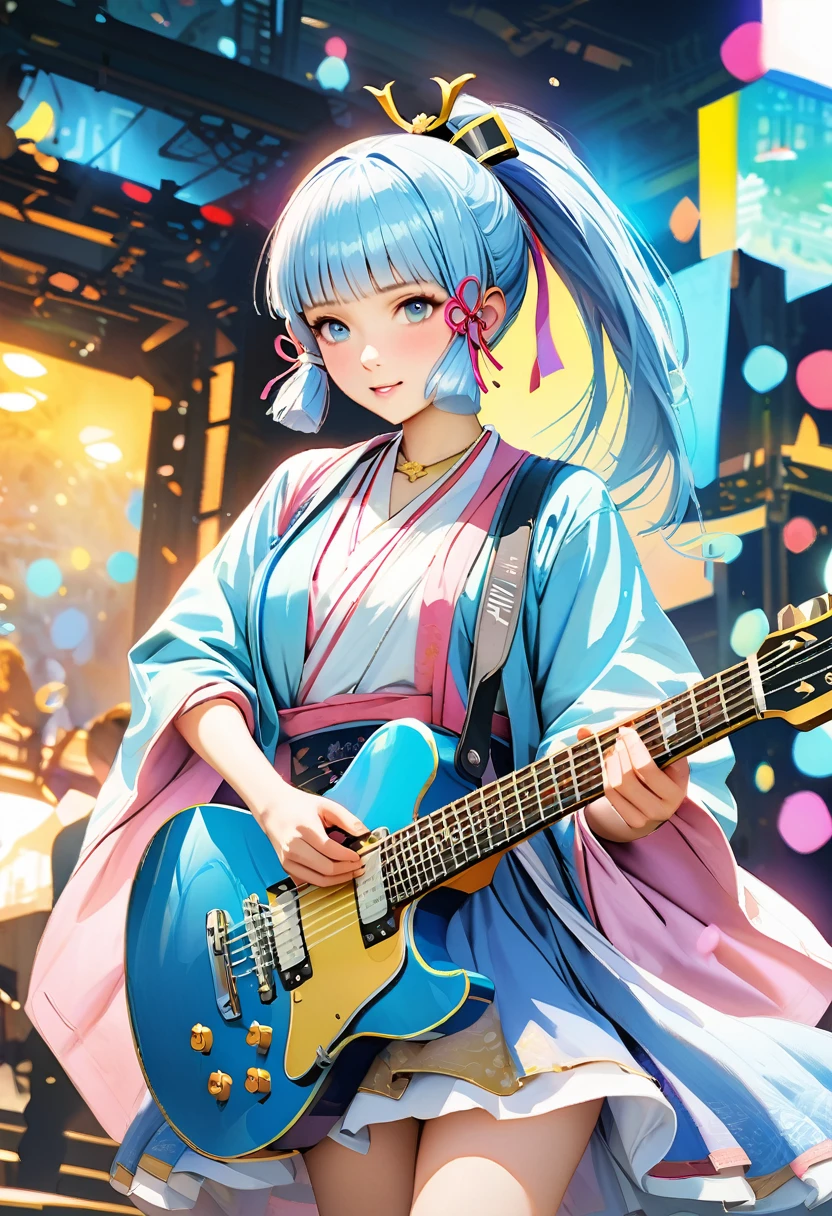 magazine cover， masterpiece ), ( best quality), (  super detailed ),(Realistic：1.37), ( idol playing electric guitar on stage), (Face painting:0.8),solitary,3d,whole body,Green sci-fi style Hanfu ,eternal,  watching the audience , (Stage Background), Beautiful Blue Eyes ,  Beautiful face , floating,(high saturation),(Colorful splash), colorful bubbles,(shining),   ponytail, Kamisato Ayaka, Light blue hair,  bangs, Hair band, Floating flowers ,  blue dress , (shining), Optimal lighting,  best shadow,（8K）