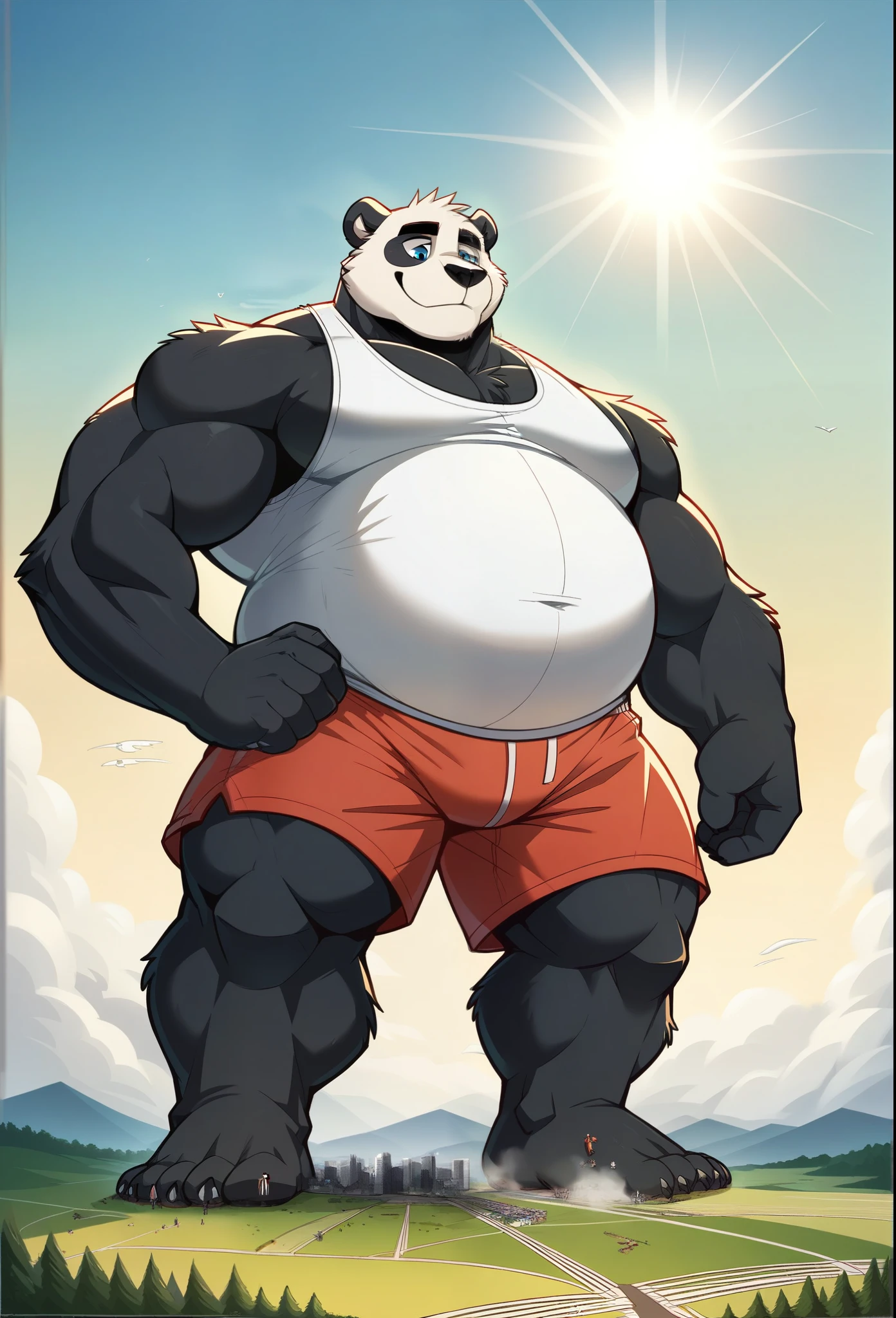 ((best quality)), ((masterpiece)), (detailed), male, anthropomorphic panda, muscular, eye patch on right eye, wearing tank top, shorts