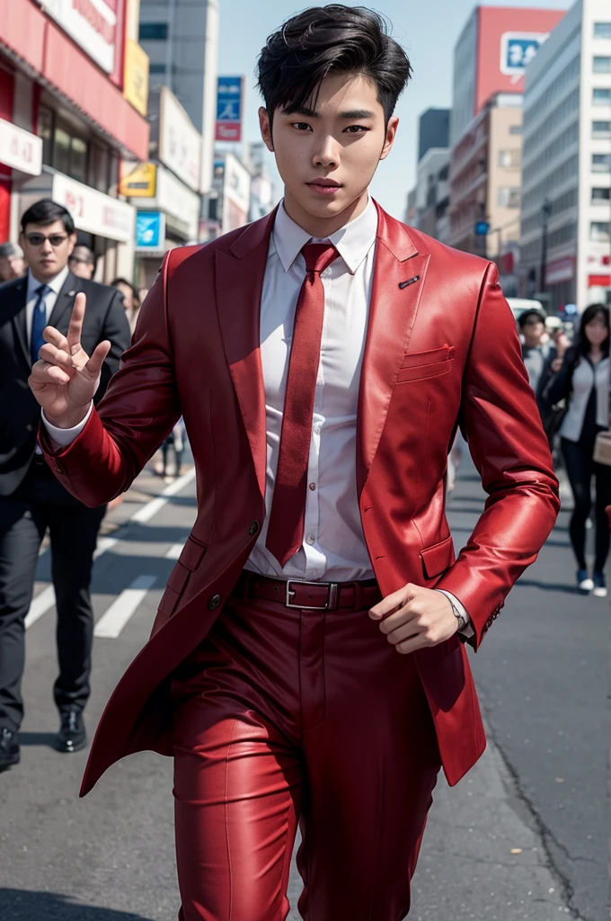 Full photo of a young Korean man, 20 years old, light skin and short black hair, muscular, inspired by the actor Lee Jun-ho, parading in the streets dressed in a red suit looking at the camera, facing the ultra-realistic image, camera view , the walk of a man, perfect face, perfect setting, perfect image