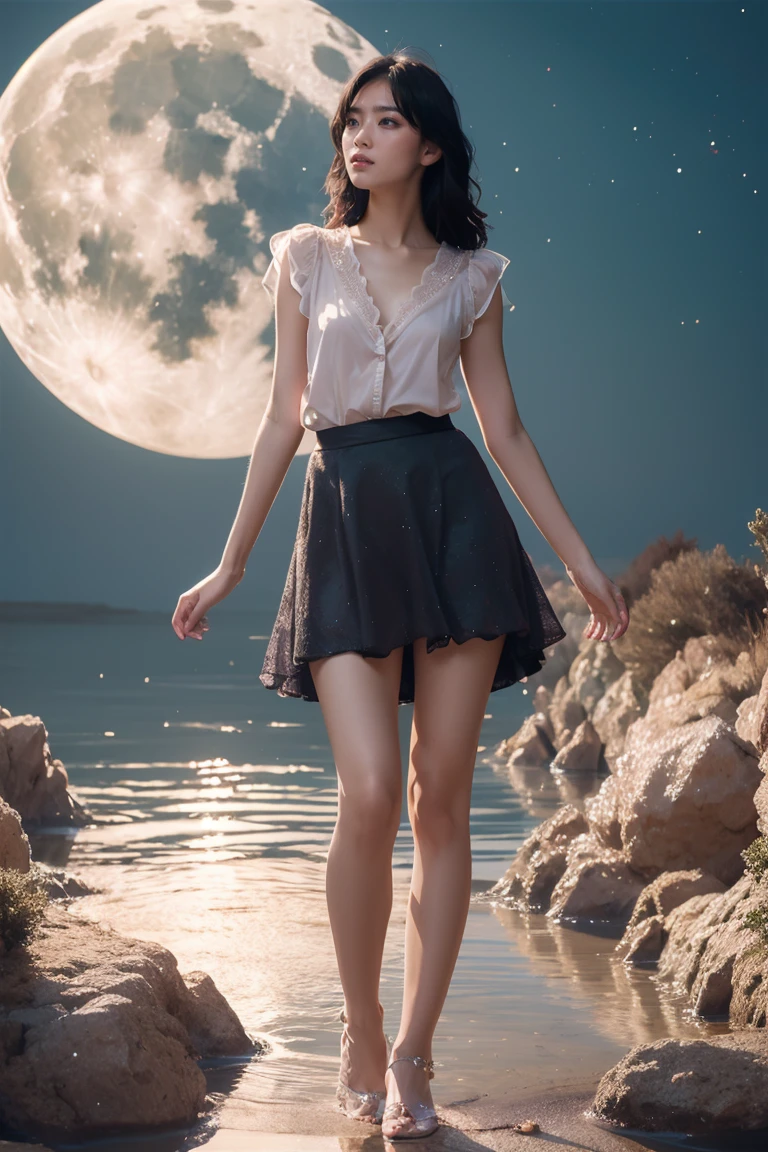 1 girl,skirt,new moon,whole body,, masterpiece,best quality,Super detailed,anatomically correct，((Best quality)), ((Masterpiece)), ((Realistic))，UHD