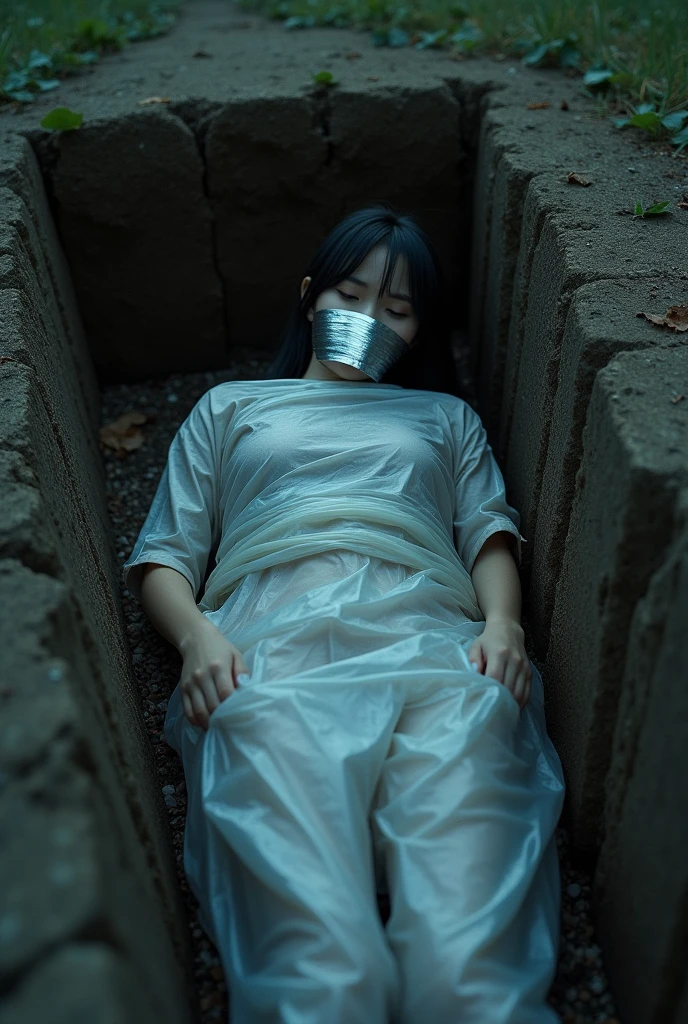 1girl,Spider weaves a net on a girl, very realistic, very detailed,bed,stretched, dark cave, struggle in the net,brown haired, very long sheer skirt,lying down,(blindfold:1.4),(ballgag:1.4)