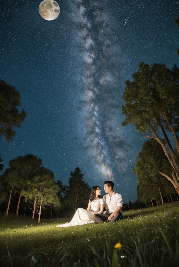  The sky is full of stars ，Meteor Shower，Below is （One man and one woman） sitting on the grass ， The woman's head rests on the man's shoulder ， beautiful picture ，Full moon at night， There are woods around ，（One man and one woman） surrounded by a white cat ， a black cat ， a silver cat ，视角从One man and one woman后面看向天空