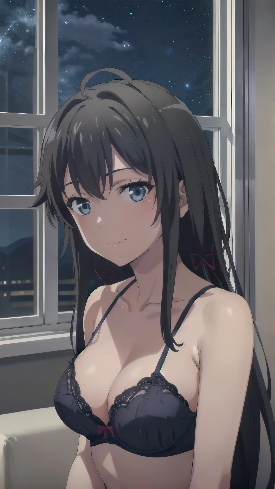 (((Pixel perfect, Perfect details))), alone, 1 girl, Yukinoshita Yukino, looking at the audience, Keep your mouth shut, Upper body, ((sexy lingerie)), ((at the window)), ((night, starry sky)), ((light smile)) 