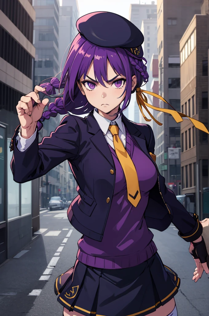 masterpiece, best quality,   eltnumdef, braid, beret, hair ribbon, cropped jacket, purple jacket, purple sweater, v-neck, necktie, skirt, fingerless gloves, white thighhighs, upper body, fighting stance, furrowed brow, looking at viewer, cityscape