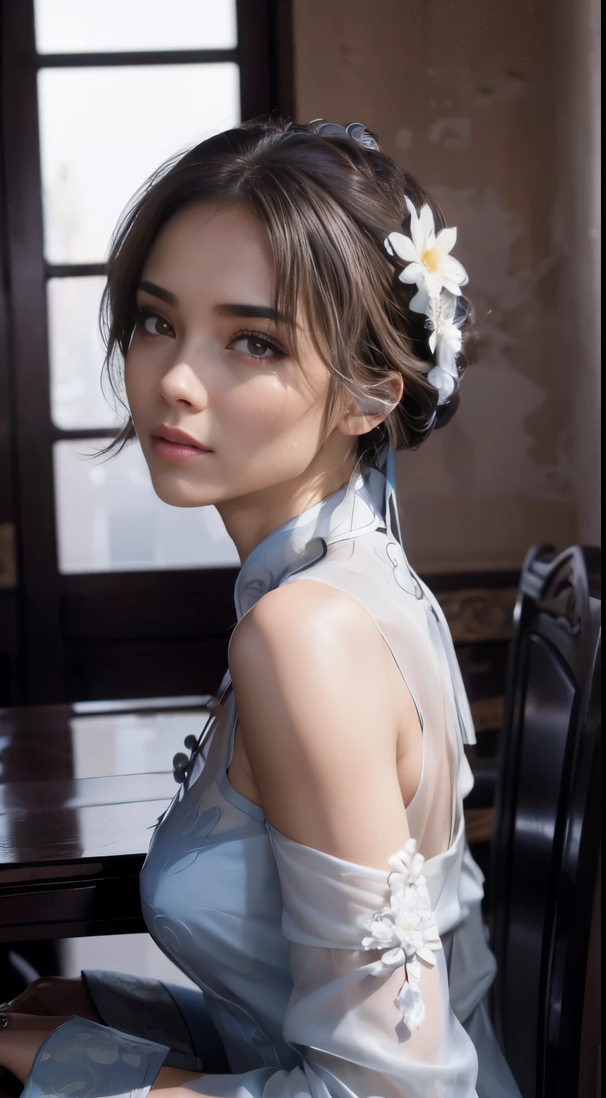 primitive，tmasterpiece，ultra fine photos，best qualtiy， super high resolution ，Photoreality，rays of sunshine，full-body portraits，stunningly beautiful，，dynamicposes，delicated face，Vibrant eyes，（seen from the side），Delicate purple cheongsam，on cheongsam，cropped shoulders，Delicate head flower，Sit on a classical Chinese chair，very highly detailed background，detailed face with，Detailed and complex busy background，Untidy，opulent，Highly detailed skin，Realistic details of skin，Visible Pore，tack sharp focus，volume fog，8K  UHD，Digital SLR Camera，high qulity，filmgrain，White skin of the，photo-realism，DL，Huge metropolis in a dystopia of the future , look from down, semi transparent