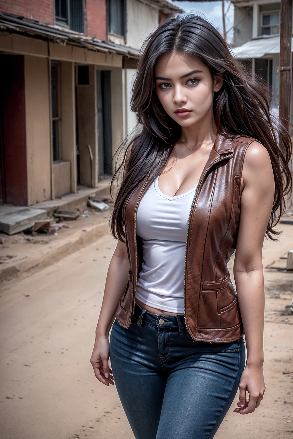 Woman in denim circa 1880s, Brown long straight hair, Brown eyes, High arched eyebrows, Slender and graceful neck, Red lips, Large Breasts, Brown Leather Leggings, Sleeveless Brown Leather Vest, Leather Boots, Walking on the dusty sandy streets of a deserted North American town，The wind blew through her hair, Practical, photoPractical, photoPractical, Fear, Dark atmosphere and dramatic lighting, Deep Red, Foggy environment, Detailed facial expressions, Heavy fog