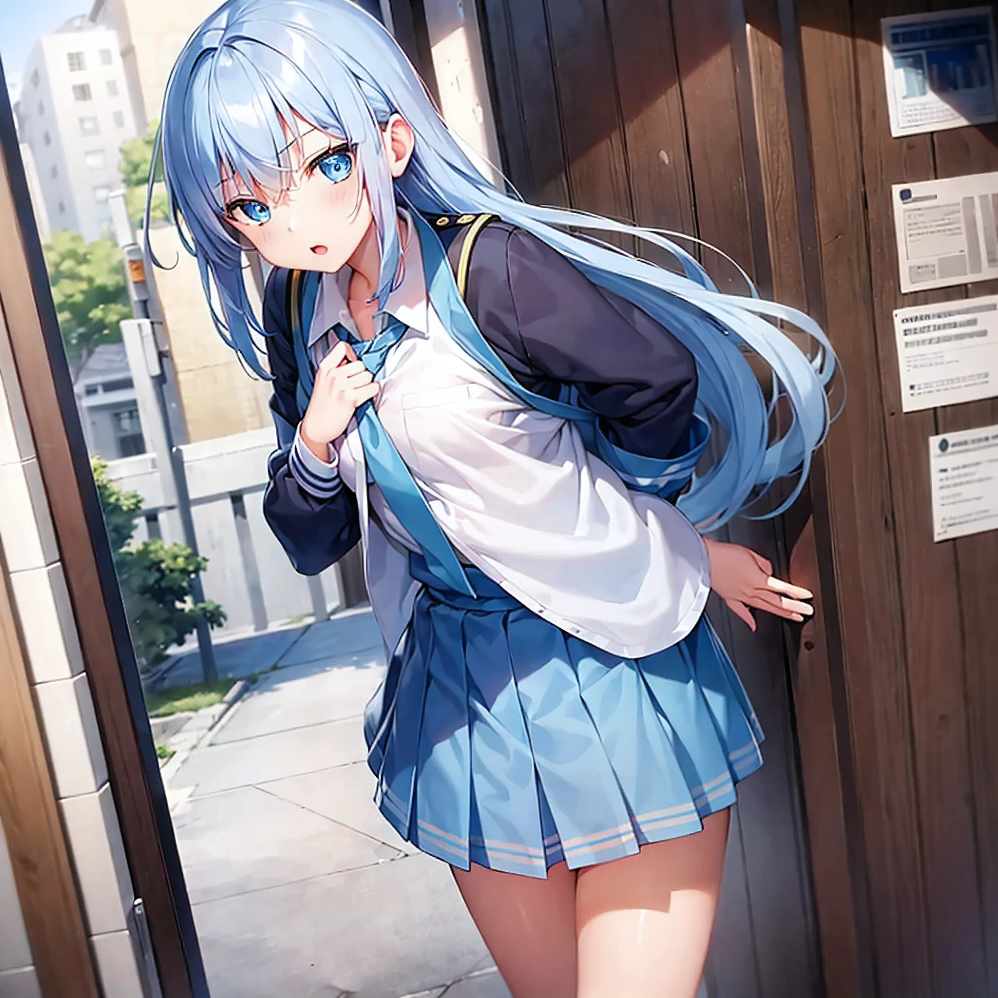  1 girl, Blue Hair, blue eyes,uniform,Dignified, flat chest, standing ,Junior high school students