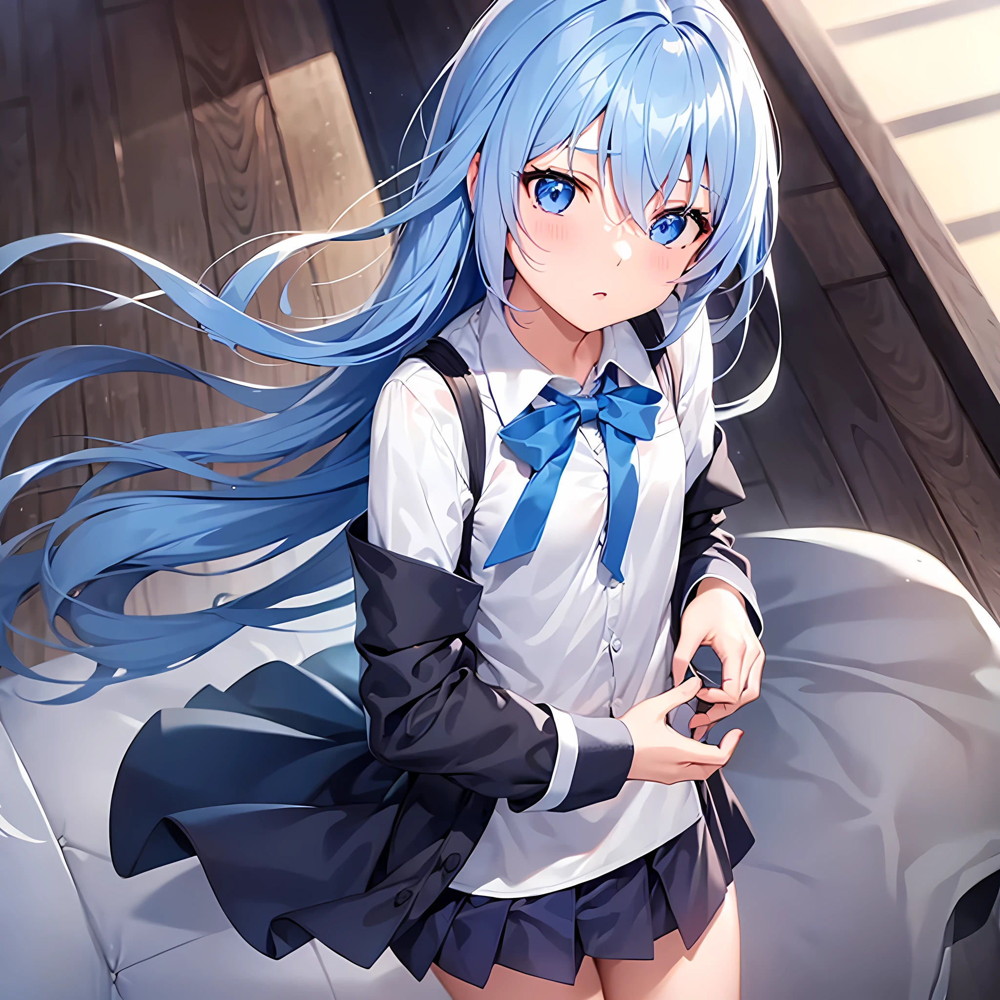  1 girl, Blue Hair, blue eyes,uniform,Dignified, flat chest, standing ,Junior high school students