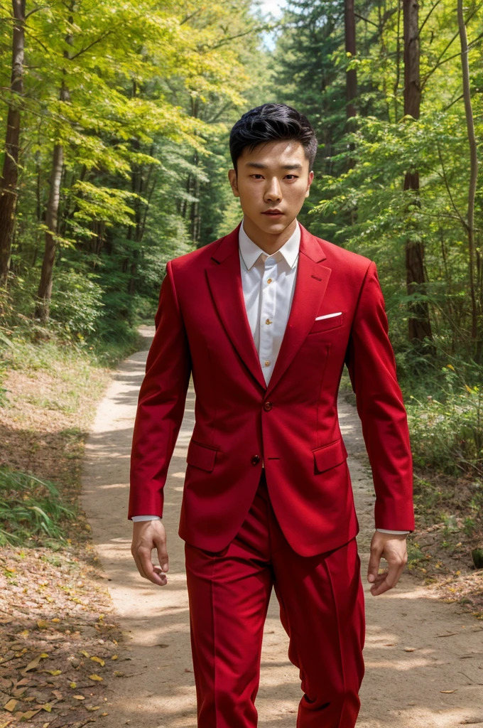 Full photo of a young Korean man, 20 years old, light skin and short black hair, muscular, inspired by the actor Lee Jun-ho, parading through the woods dressed in a red suit looking at the camera, facing the ultra-realistic image, view of the camera, a man's walk, perfect face, perfect scenery, perfect image