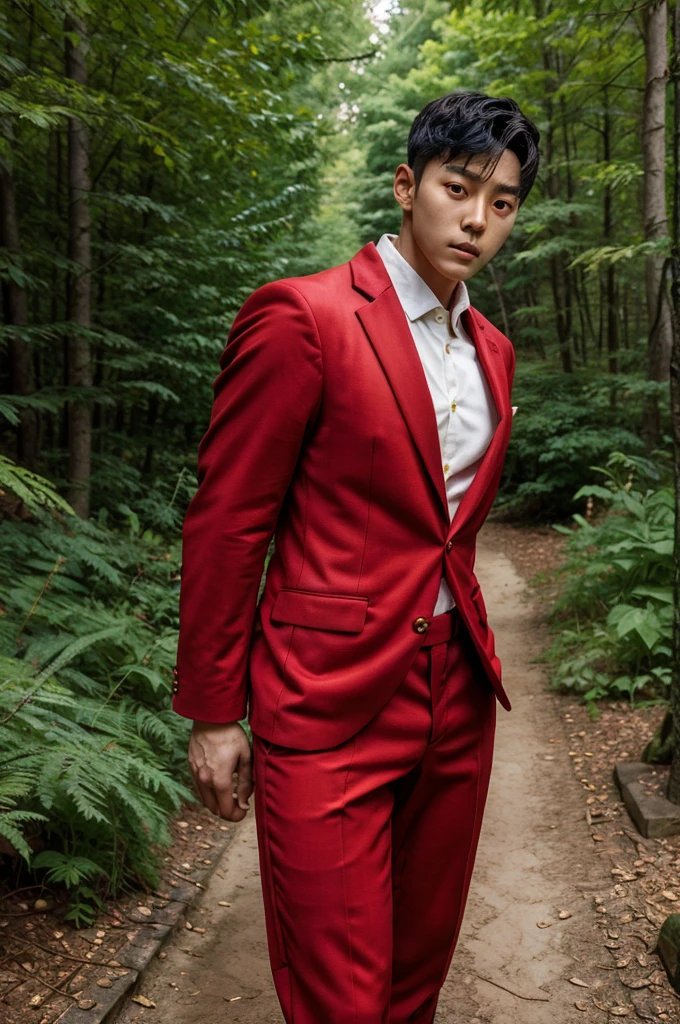 Full photo of a young Korean man, 20 years old, light skin and short black hair, muscular, inspired by the actor Lee Jun-ho, parading through the woods dressed in a red suit looking at the camera, facing the ultra-realistic image, view of the camera, a man's walk, perfect face, perfect scenery, perfect image