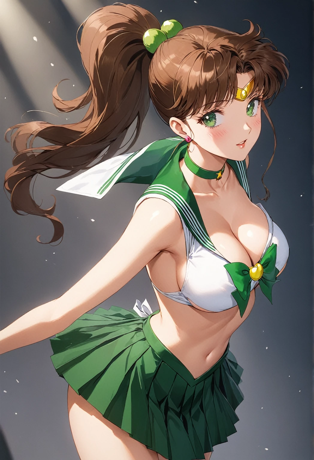 (1girl, solo, masterpiece, 4k, best quality:1.2, ((cowboy shot)), best quality:1.2, NICE HANDS, COLORFUL, (perfect hands, perfect anatomy)),
hmjupiter, green eyes, ponytail, tiara, jewelry, sailor senshi uniform, ((green sailor collar)), choker, elbow gloves, white gloves, pink bow, brooch, white leotard, green skirt, pleated skirt, ((medium breasts, big hips, looking at the viewer, (cleavage), tight clothes)), ((tiara)), (((MATURE WOMAN))),
((abs:0.7)), ((simple background, white background))