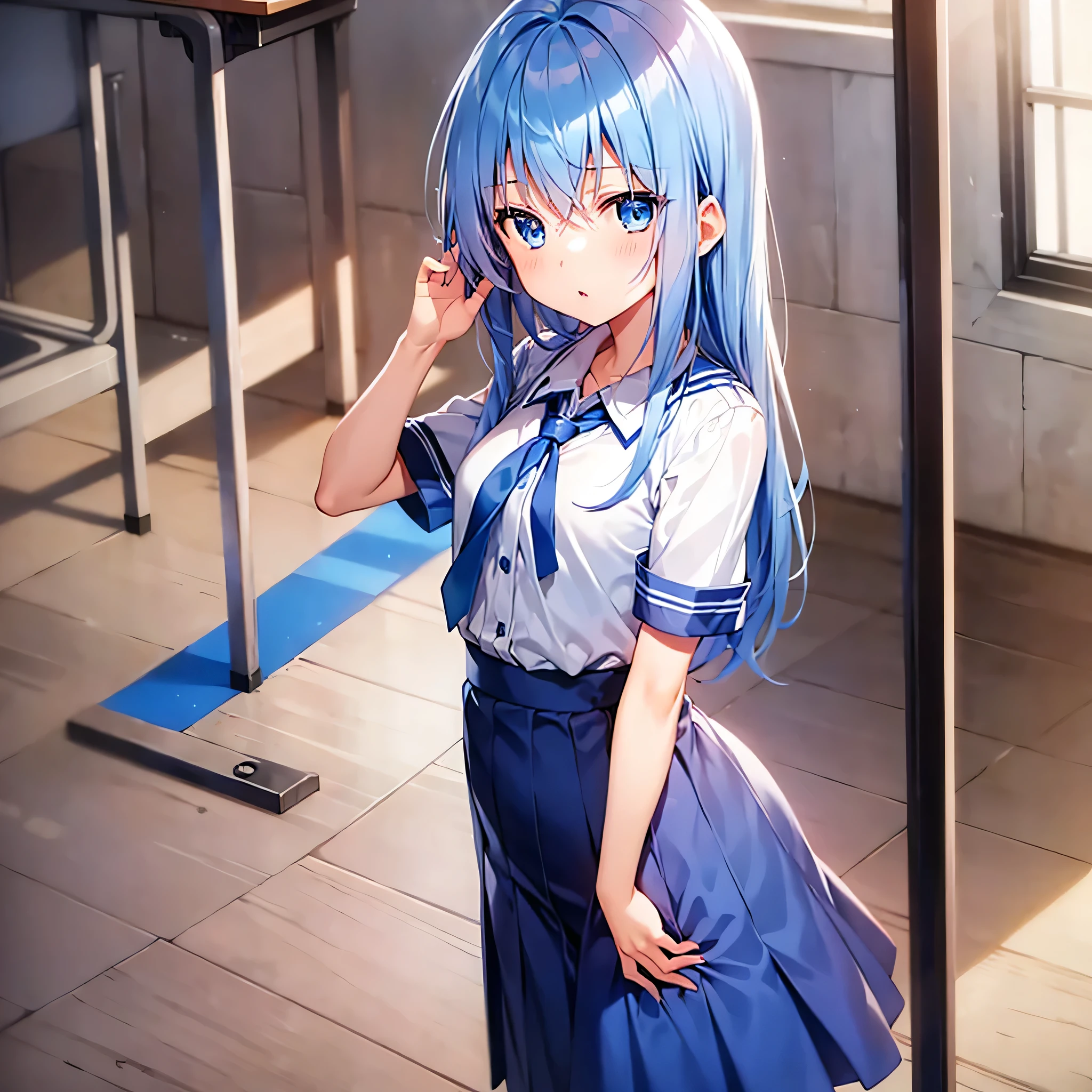  1 girl, Blue Hair, blue eyes,uniform,Dignified, flat chest, standing ,Junior high school students