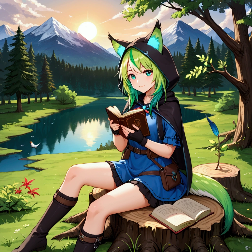 masterpiece, best quality,, 1girl, sitting, animal, animal ears, bird, black_hair, book, bookmark, branch, gloves, grass, green hair, holding, holding book, hood, hood down, leaf, looking at viewer, multicolored hair, open_book, partially fingerless gloves, pen, plant, pouch, quill, reading, sitting, smile, solo, tail, tree, tree stump,, sky, sun, mountain, forest, lake