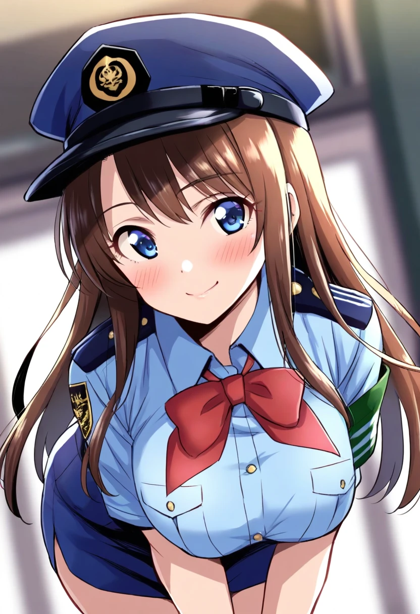 masterpiece, best quality, good quality, KanzakiAoi, 1girl, solo, brown hair, long hair, blue eyes, large breasts, red bow, smile, blush, police uniform, 