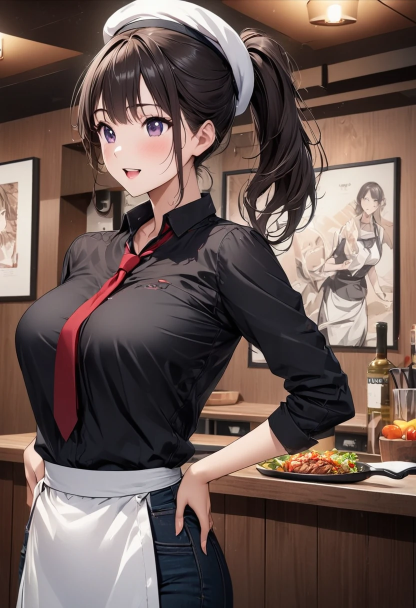 Beautiful girl 、Age 30、Best Quality、Ultra-precision、Detailed drawing、Restaurant chef、Frying pan、 black shirt、tie、Waist apron、Beret、Sharpness、 ponytail、Vivid colors、upright posture、front、 looking at the camera、A very ecstatic expression、Slender figure、Accurate depiction、 CG illustration、Beautiful big boobs、My chest opens slightly
