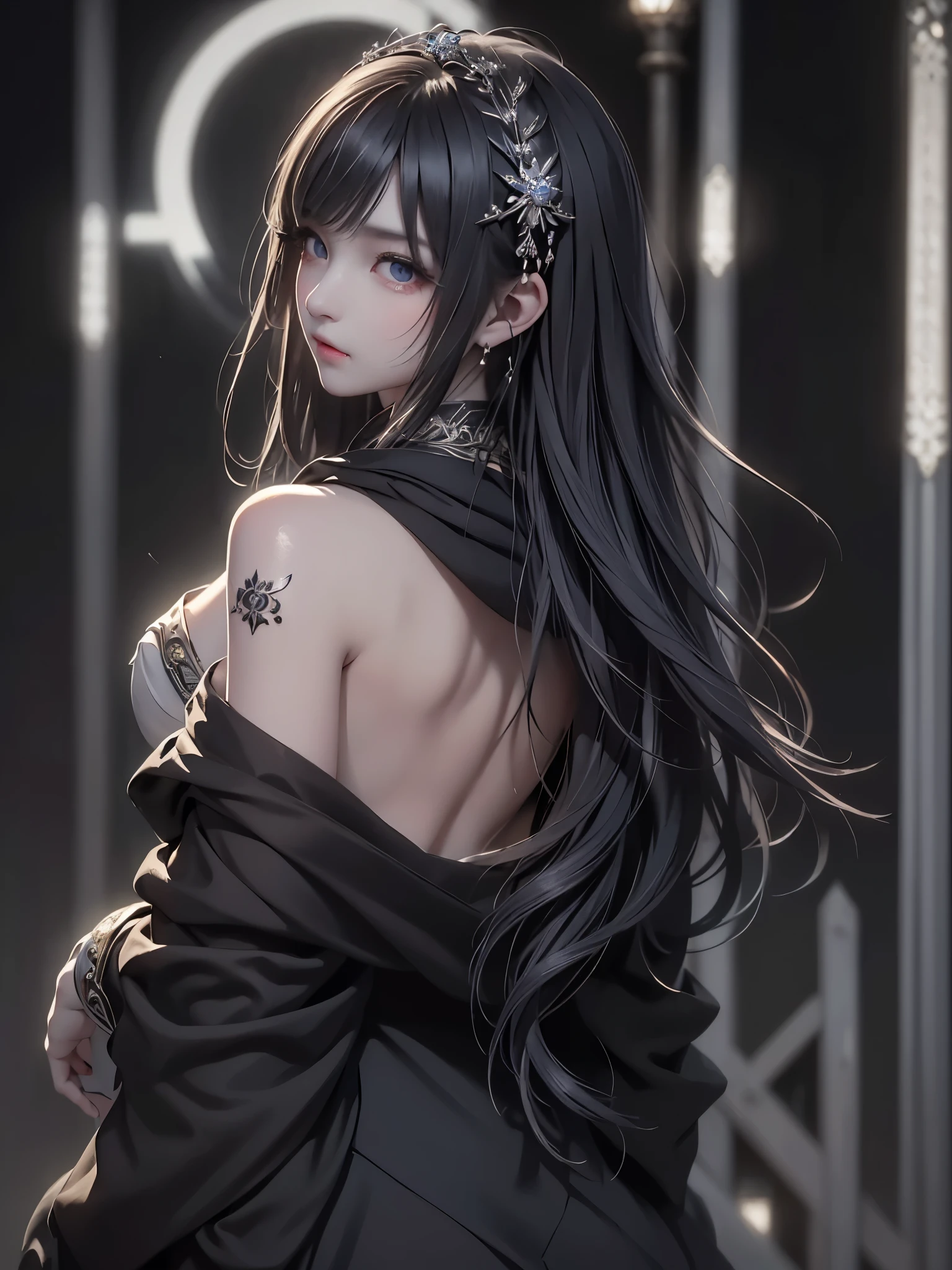 、masterpiece:1.5, bestquality, 1girl, classic girl, classic, Mechanical decoration、A face with cold beauty、Cold Face, detailed eyes、Beautiful shoulders、Solemn atmosphere、small breasts, beautiful eyes, Heavy cloak、Huge pipe organ、look up、backlighting, back ground:dark world. from behind.
