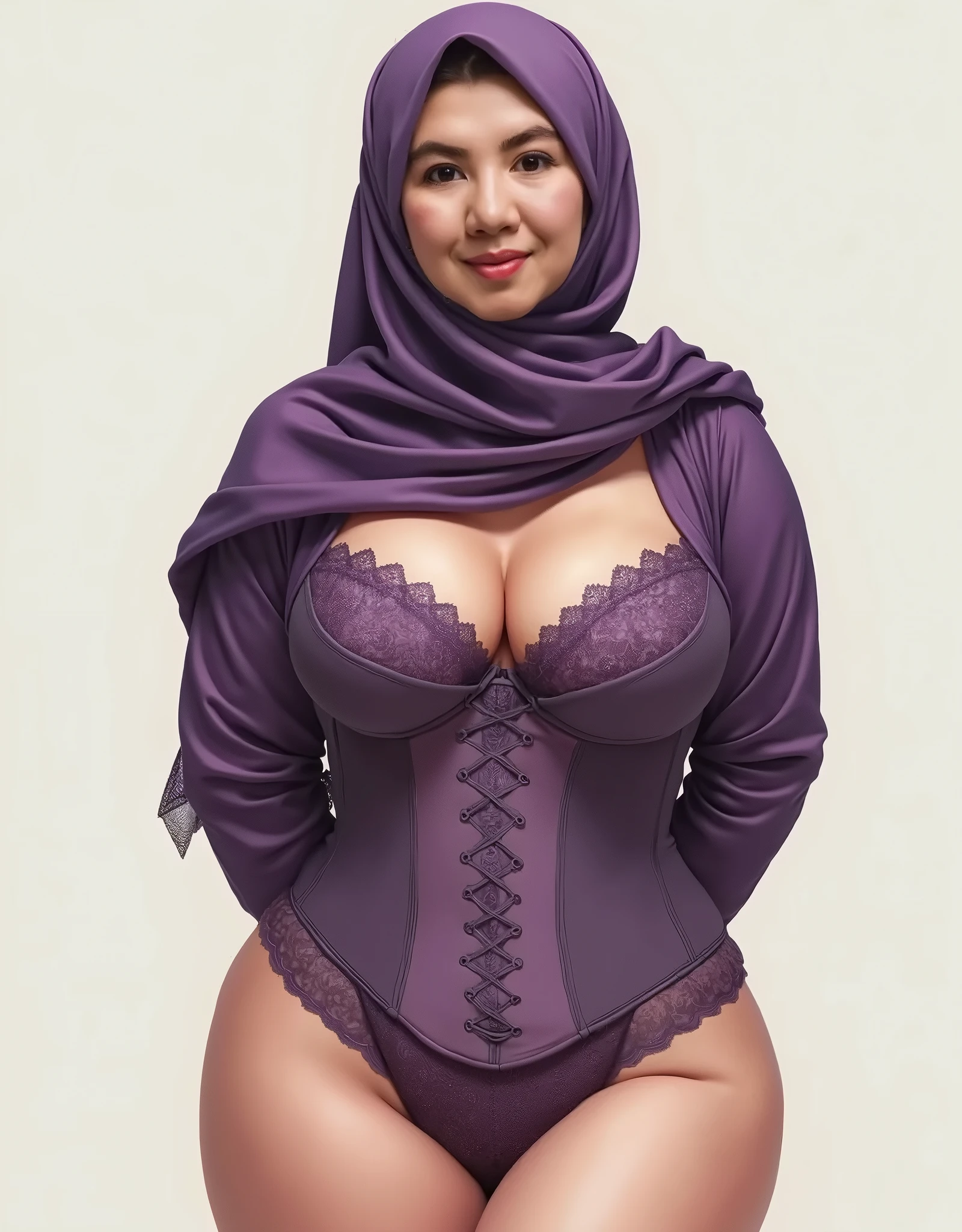 Fat Woman, Fifty years old, wearing only a hijab on her Head , naked body, showing small breasts and pubic hair, showing pubic hair, topless, wearing only a transparent small panties, wearing higheels