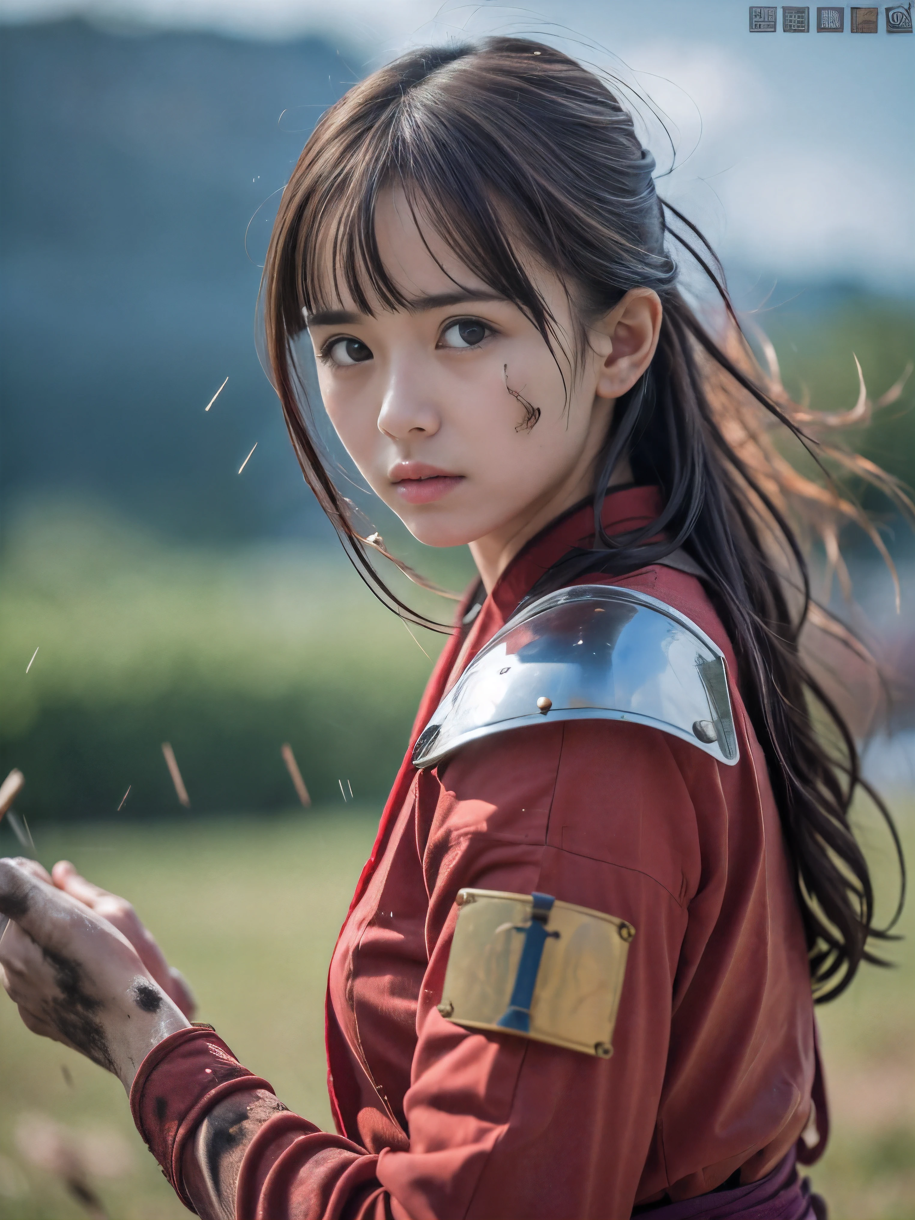 (Close up portrait of one slender small breasts red brown wavy long hair with dull bangs girl in a red colored dirty bloody samurai armor in Japan at raining:1.5)、(One girl makes fighting pose and hold Japanese traditional white blade sword on hand under the raining sky on the grassland in old Japan with crying dirty bloody face:1.5)、(Heavy raining dark sky:1.5)、(blurred background:1.5)、(Natural light:1.5)、(8k ultra detailed master piece:1.5)、(perfect anatomy:1.5)、(Photorealistic stick:1.5)、(Raw photo:1.3)、(highest quality:1.5)、(High resolution:1.3)、(Delicate and beautiful perfect face:1.3)、(Delicate and beautiful eye air skin:1.3)、(Real Human Skin:1.3)、((thin legs))