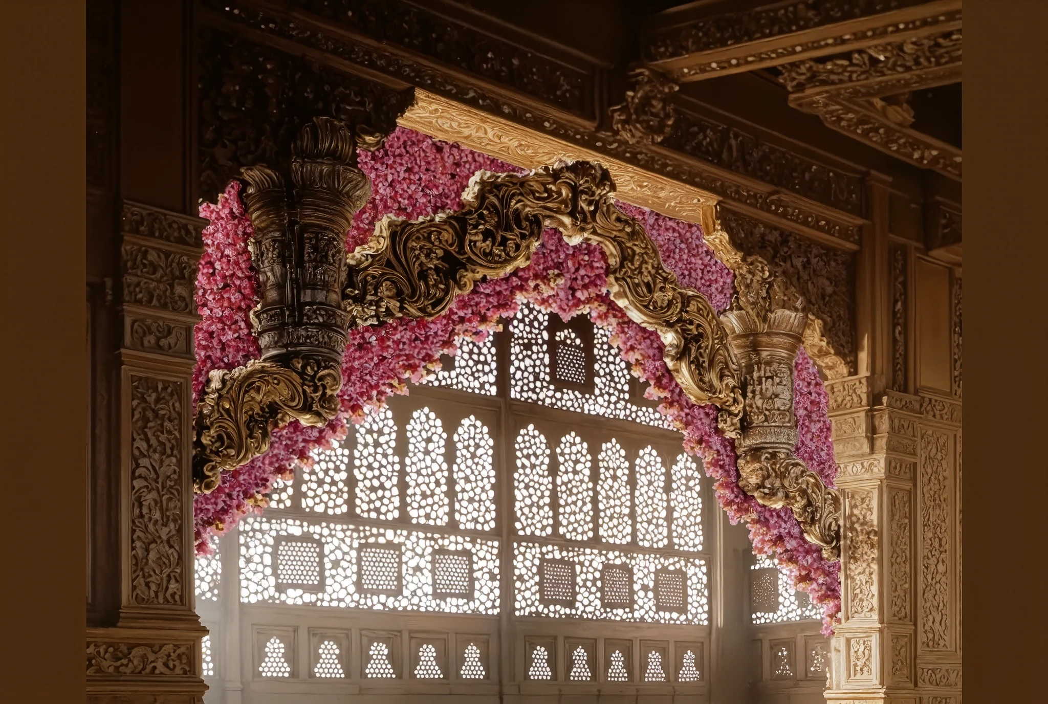 Create an oil painting in the Renaissance style, inspired by the works of William Adolphe Bouguereau depicts an ornate architectural detail of a palace interior in medieval India, likely from Chittor. The central focus is on a large wooden archway with intricate carvings featuring floral motifs and geometric patterns in gold, brown, and beige tones. Two prominent stone columns with elaborate designs are positioned symmetrically on either side of the archway. Above the columns, a wavy golden arch adorned with flowing pink Lotus petals creates a luxurious canopy. These petals transition to soft pink flowers dangling as tassels at the bottom, adding depth and texture to the scene. Beneath this arch hangs a dense arrangement of vibrant pink flower garlands that cascade down, creating a rich contrast against the darker background. The archway leads to a large window with multiple panes, each containing delicate lattice work forming intricate geometric patterns. These lattice windows allow soft daylight to filter through, illuminating the space and casting gentle shadows. The surrounding architecture includes heavily carved wooden beams, columns, and ceiling panels, all showcasing traditional Indian craftsmanship. The color palette consists of warm tones such as golden yellow, deep brown, light beige, and various shades of pink, contributing to the majestic and serene atmosphere. The overall composition is symmetrical and balanced, emphasizing the beauty and intricacy of the traditional Indian architectural elements. The lighting creates a harmonious blend of natural sunlight and artificial highlights, accentuating the textures and colors of the wood, stone, and floral decorations while maintaining a realistic yet slightly dreamy quality. Infuse the aesthetic elements of a Sanjay Leela Bhansali movie, with rich, ornate colors and a cinematic flair, giving the entire composition a larger-than-life, luxurious quality.
