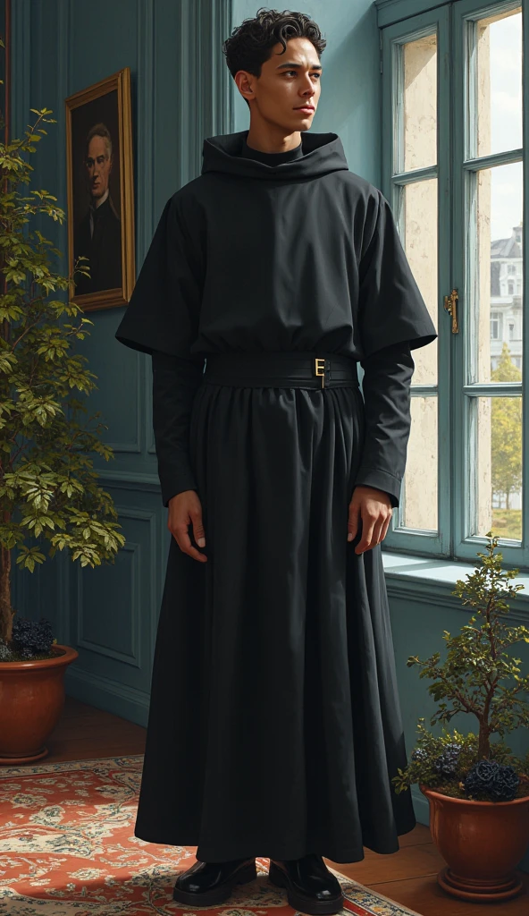 realism+oil_portrait, atmosphere evokes serenity and power, intense, cold and vivid colors, a handsome young man standing in a tall black monk's habit, cinnamon skin, slender body, oval face, Roman nose, short wavy black hair, thin lips, heart-shaped jaw, sitting by the window smiling, serene look, slight smile in a baroque office background, an orange tree bonsai and a pot of black roses, the portrait of a blue mansion and a window, the  bell tower text "body under const