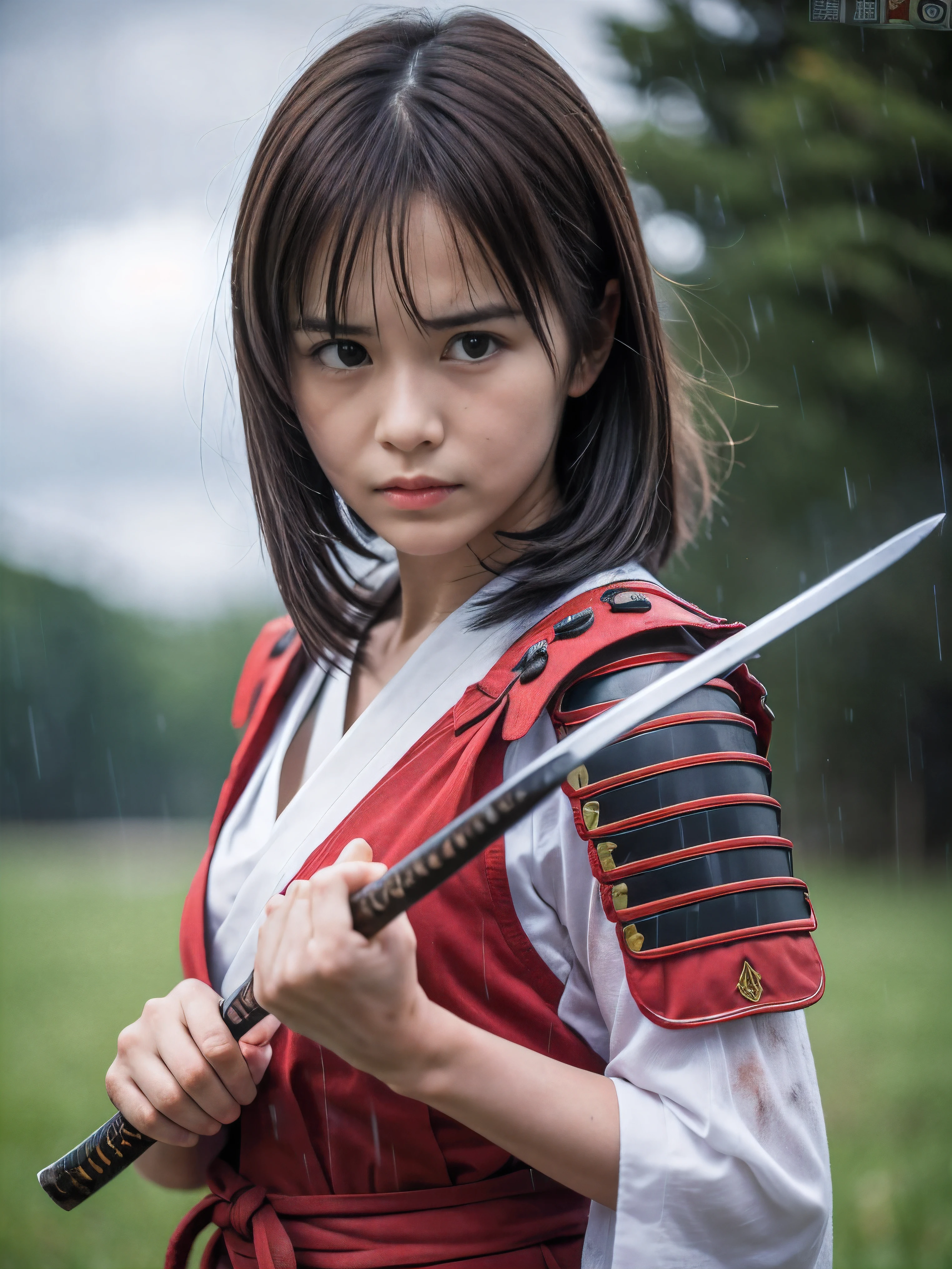 (Close up portrait of one slender small breasts round face brown short hair with bangs girl in a green colored dirty bloody samurai armor in Japan at raining:1.5)、(One girl makes fighting pose and hold Japanese traditional white blade sword on hand under the raining sky on the grassland in old Japan with crying dirty bloody face:1.5)、(Heavy raining dark sky:1.5)、(blurred background:1.5)、(Natural light:1.5)、(8k ultra detailed master piece:1.5)、(perfect anatomy:1.5)、(Photorealistic stick:1.5)、(Raw photo:1.3)、(highest quality:1.5)、(High resolution:1.3)、(Delicate and beautiful perfect face:1.3)、(Delicate and beautiful eye air skin:1.3)、(Real Human Skin:1.3)、((thin legs))