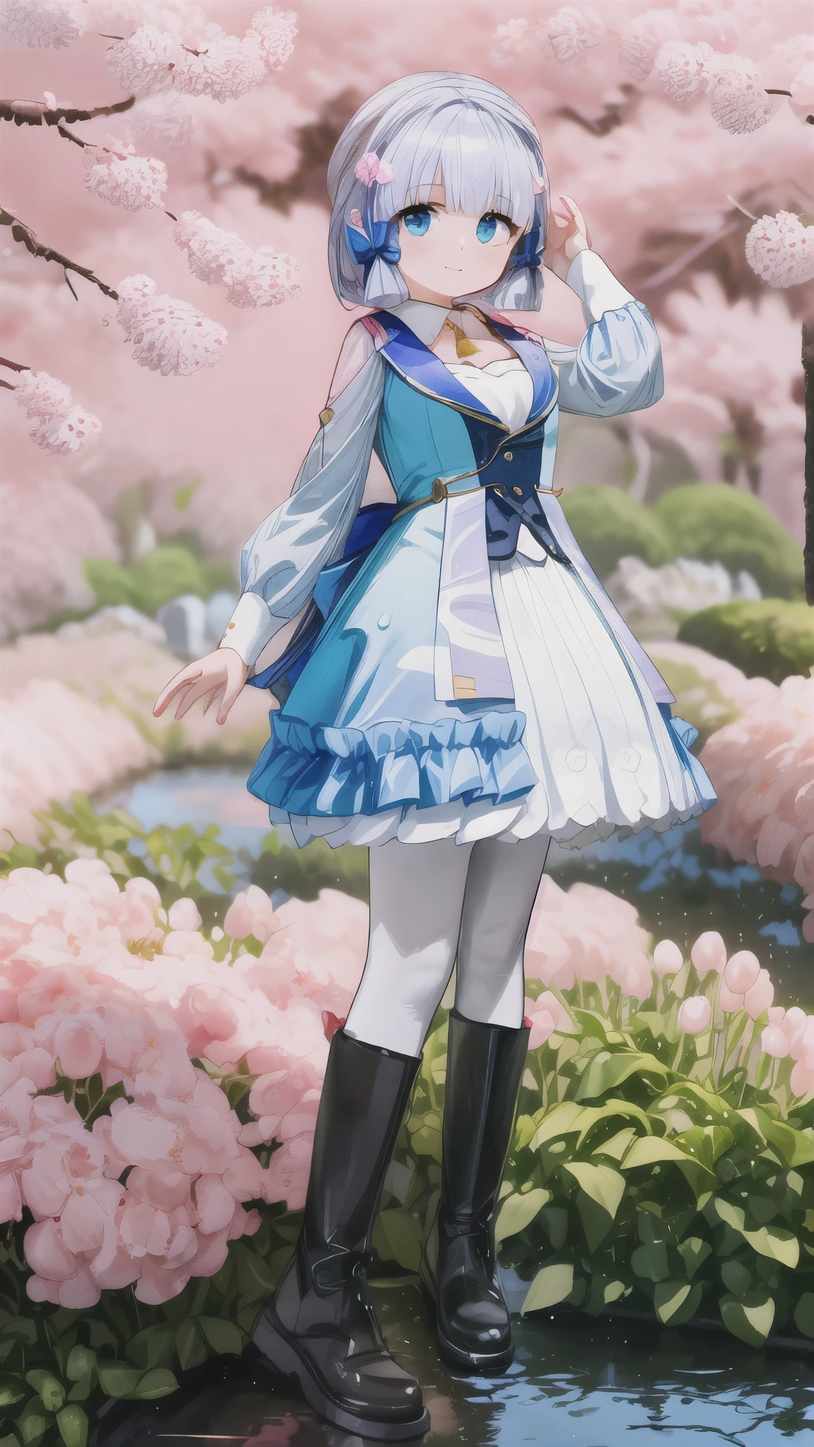  actual , photo actual ,  masterpiece , absurdres, Absurd,   extremely detailed  ,  best quality, Kamisato_Ayaka, 1 Girl,  unique, ,  expressionless face , whole body, have,  blue hair , Weaving,  blue eyes,  white pantyhose, Brown boots,  dynamic posture,  is watching viewers,  Detailed Backgrounds , In the Garden, Cherry blossoms, rain,water, 