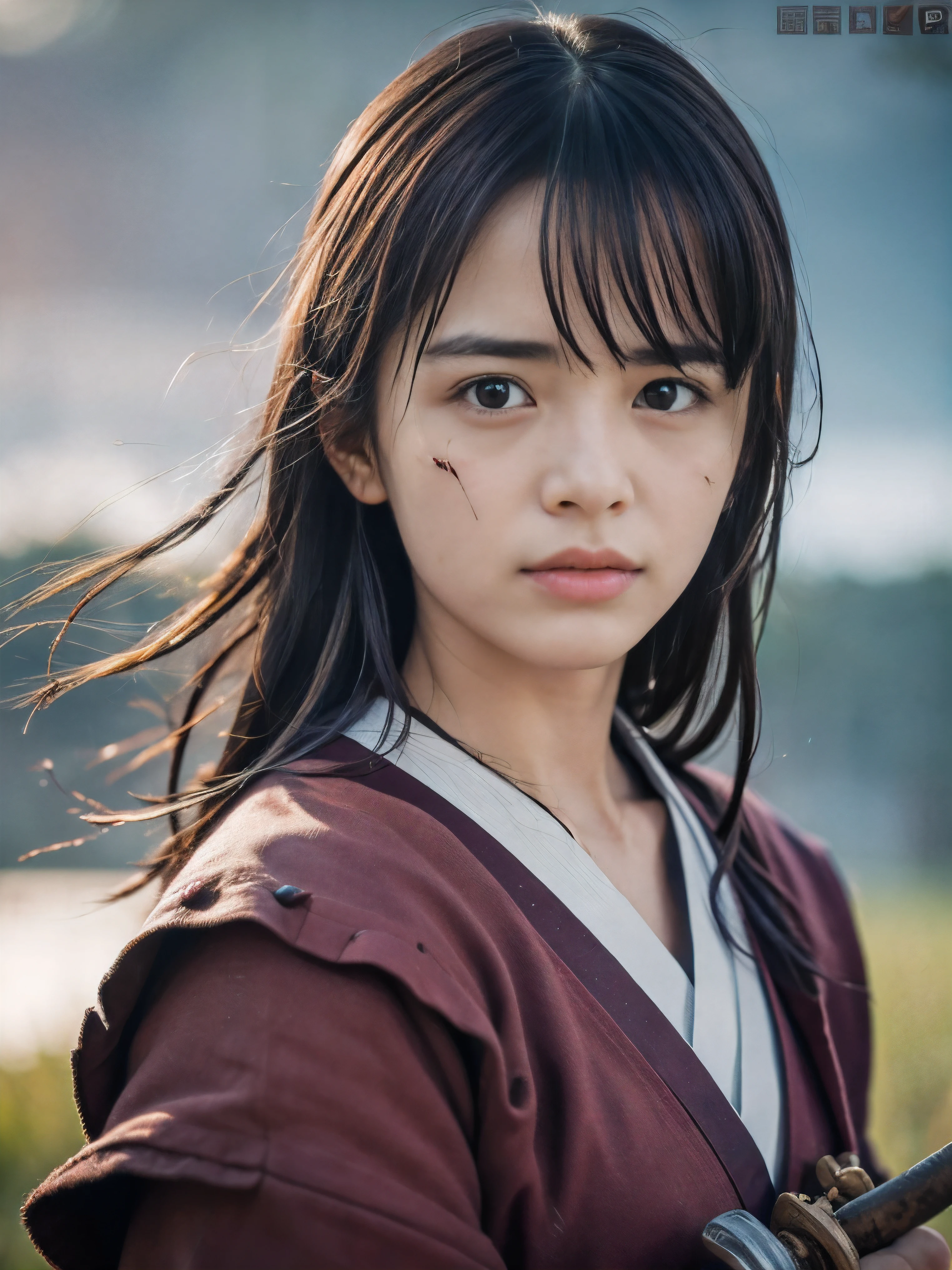 (Close up portrait of one slender small breasts dark silver long hair with swept bangs girl in a silver colored dirty bloody samurai armor in Japan at raining:1.5)、(One girl makes fighting pose and hold Japanese traditional white blade sword on hand under the raining sky on the grassland in old Japan with crying dirty bloody face:1.5)、(Heavy raining dark sky:1.5)、(blurred background:1.5)、(Natural light:1.5)、(8k ultra detailed master piece:1.5)、(perfect anatomy:1.5)、(Photorealistic stick:1.5)、(Raw photo:1.3)、(highest quality:1.5)、(High resolution:1.3)、(Delicate and beautiful perfect face:1.3)、(Delicate and beautiful eye air skin:1.3)、(Real Human Skin:1.3)、((thin legs))