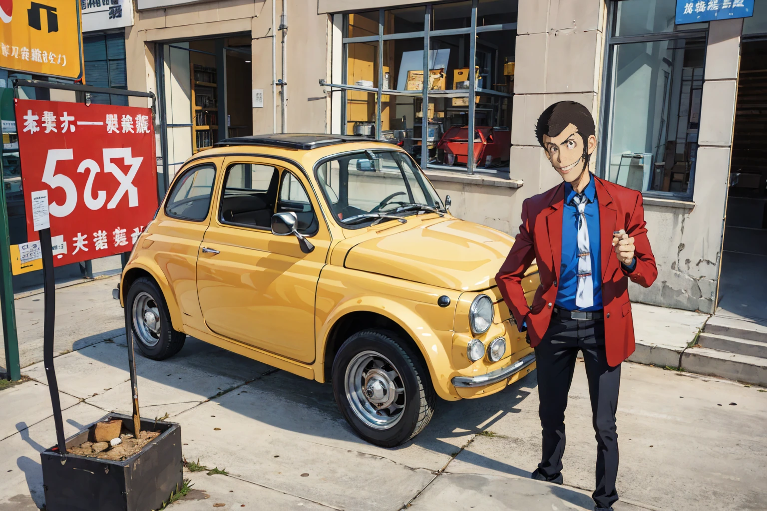  high definition, masterpiece,  high quality,  Ultra High Definition, Lupin the Third,difficult,  red jacket, Yellow tie, Blue Shirt,smile,Standing next to a yellow Fiat 500, new york,The painting style of Monkey Punch, anime style